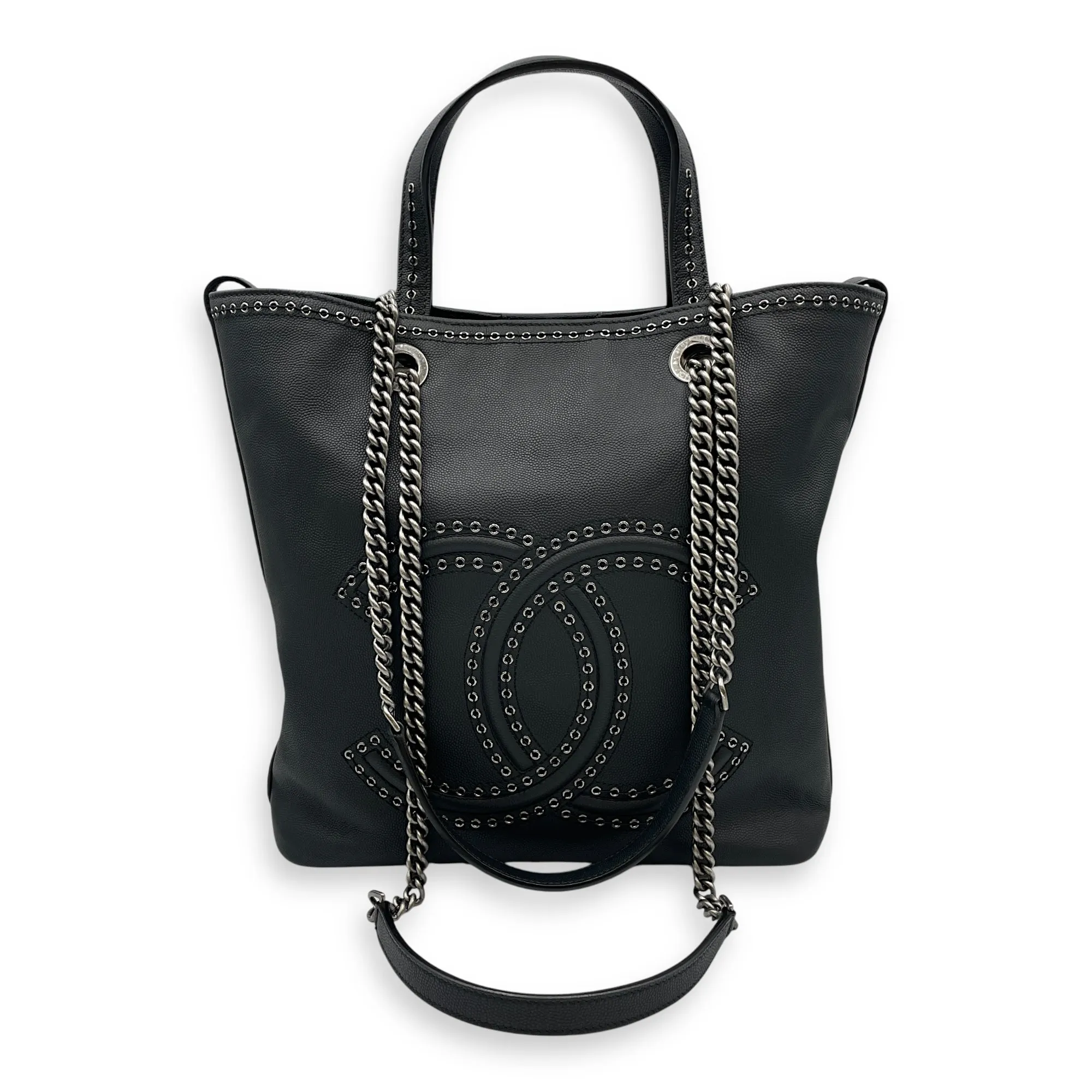 Coco Eyelets Vertical Black Tote Bag in Calfskin, Ruthenium hardware