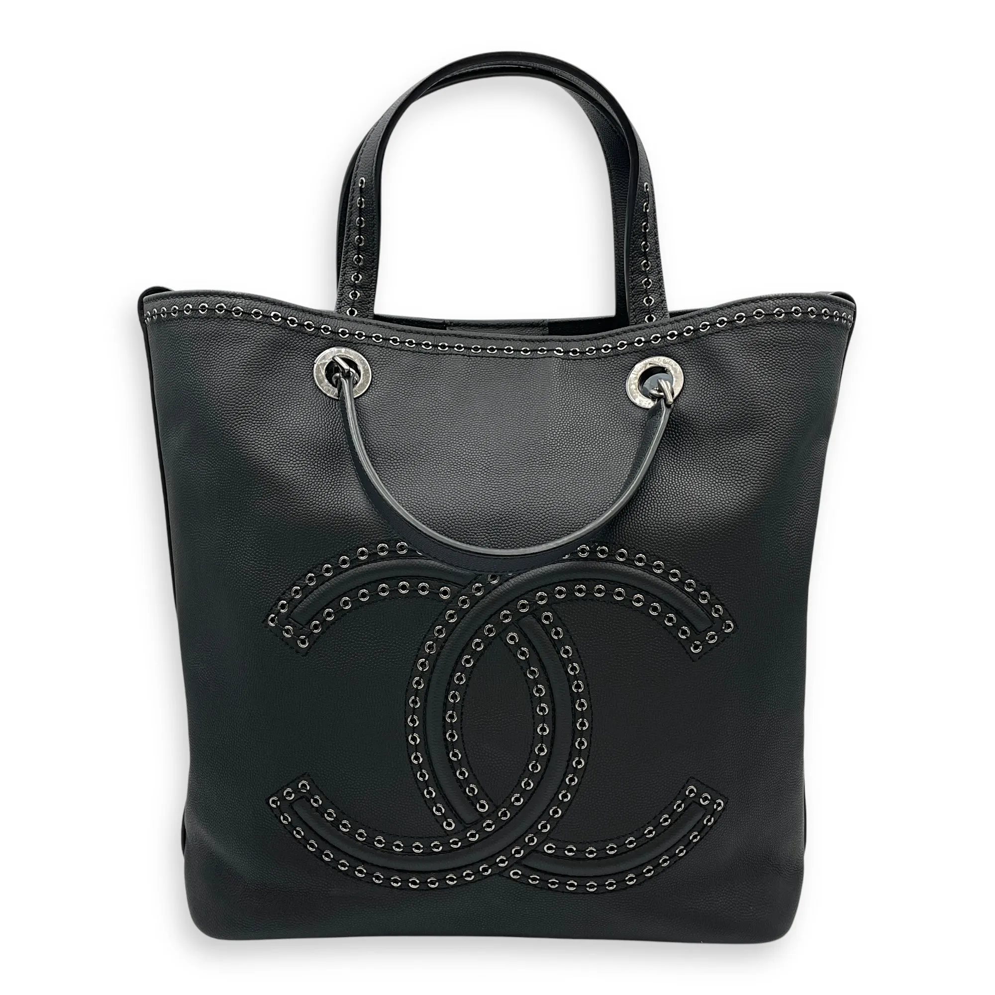 Coco Eyelets Vertical Black Tote Bag in Calfskin, Ruthenium hardware