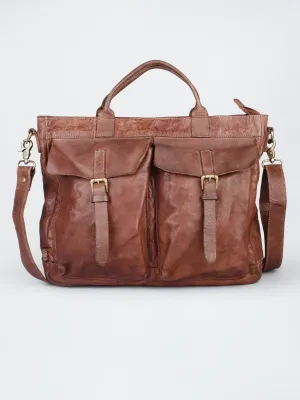 Cognac Leather Laptop Bag With Front Pocket For Men & Women by art n vintage