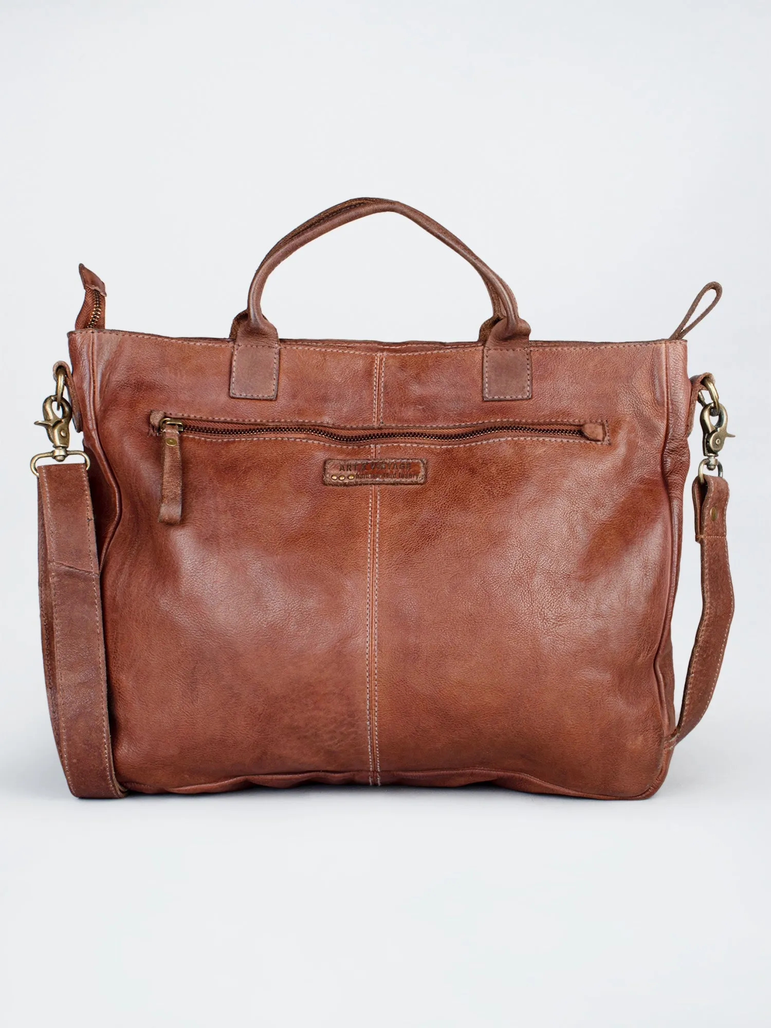 Cognac Leather Laptop Bag With Front Pocket For Men & Women by art n vintage