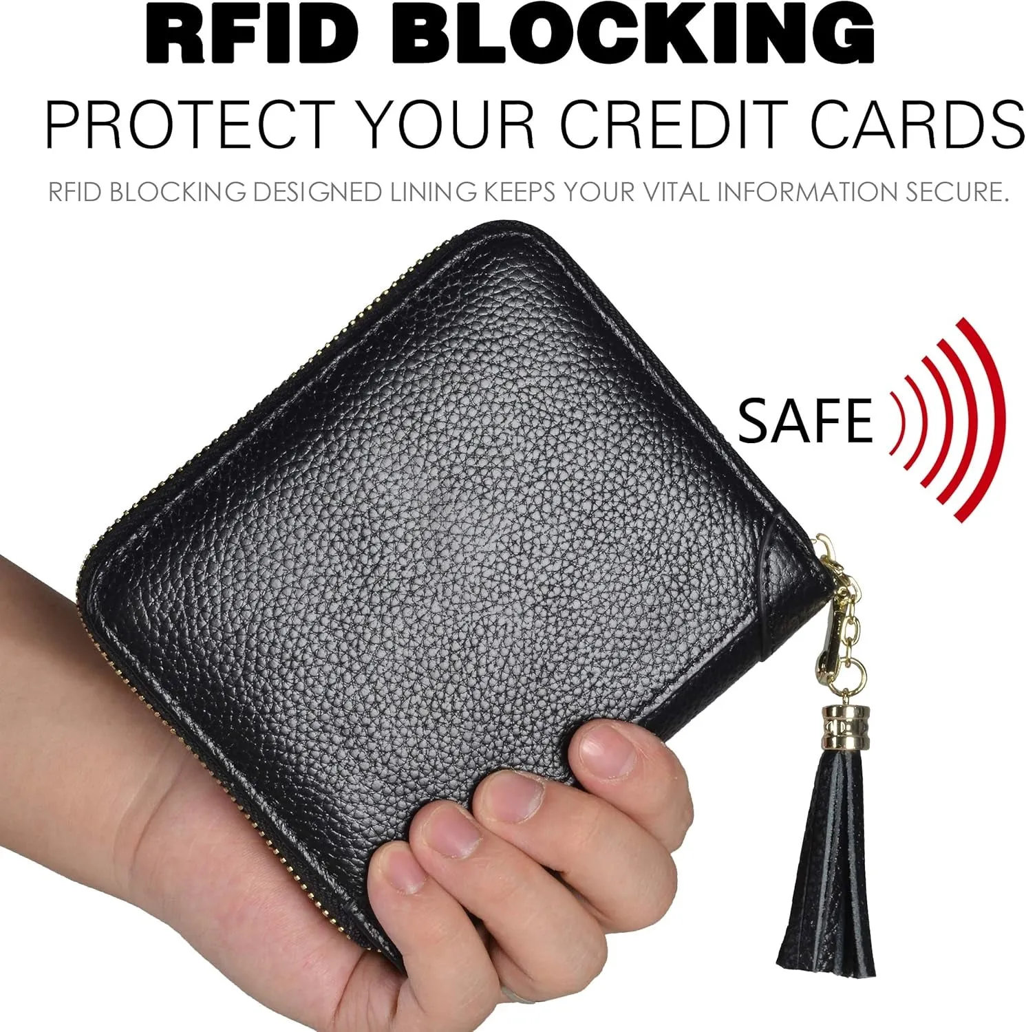 Credit Card Holder Wallet for Women, RFID Blocking Zip Leather Card Case, Black