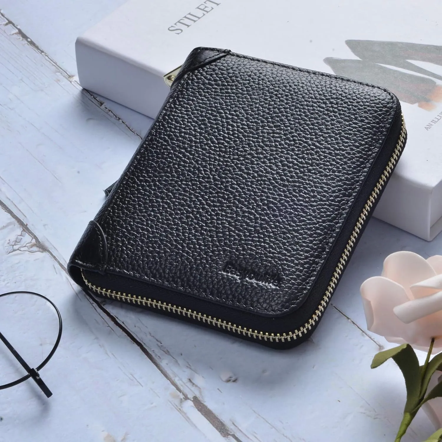 Credit Card Holder Wallet for Women, RFID Blocking Zip Leather Card Case, Black