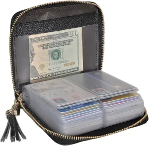 Credit Card Holder Wallet for Women, RFID Blocking Zip Leather Card Case, Black