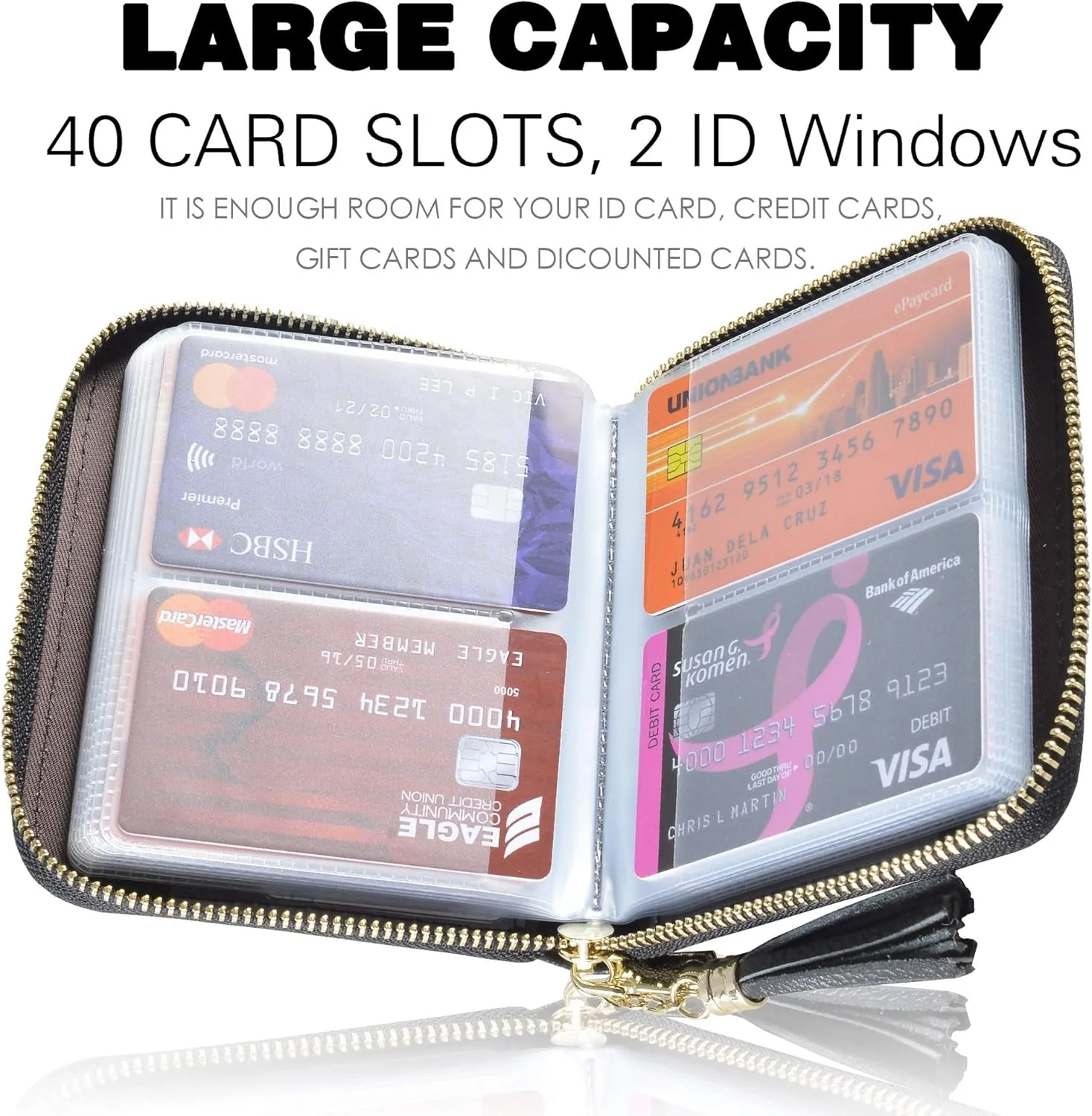 Credit Card Holder Wallet for Women, RFID Blocking Zip Leather Card Case, Black
