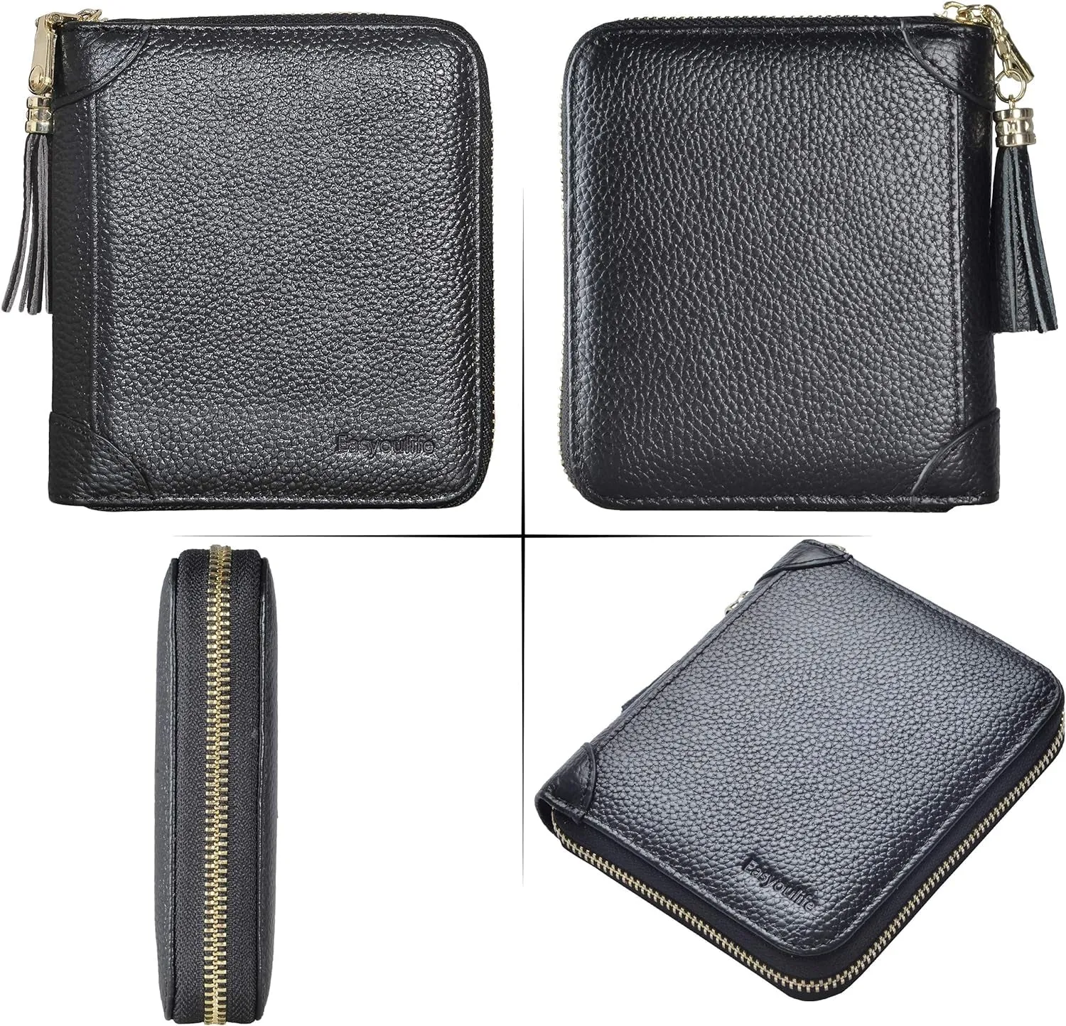 Credit Card Holder Wallet for Women, RFID Blocking Zip Leather Card Case, Black