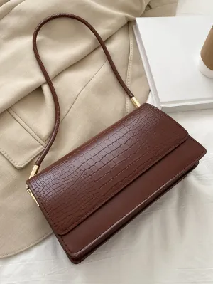 Croc Embossed Flap Baguette Bag - Brown