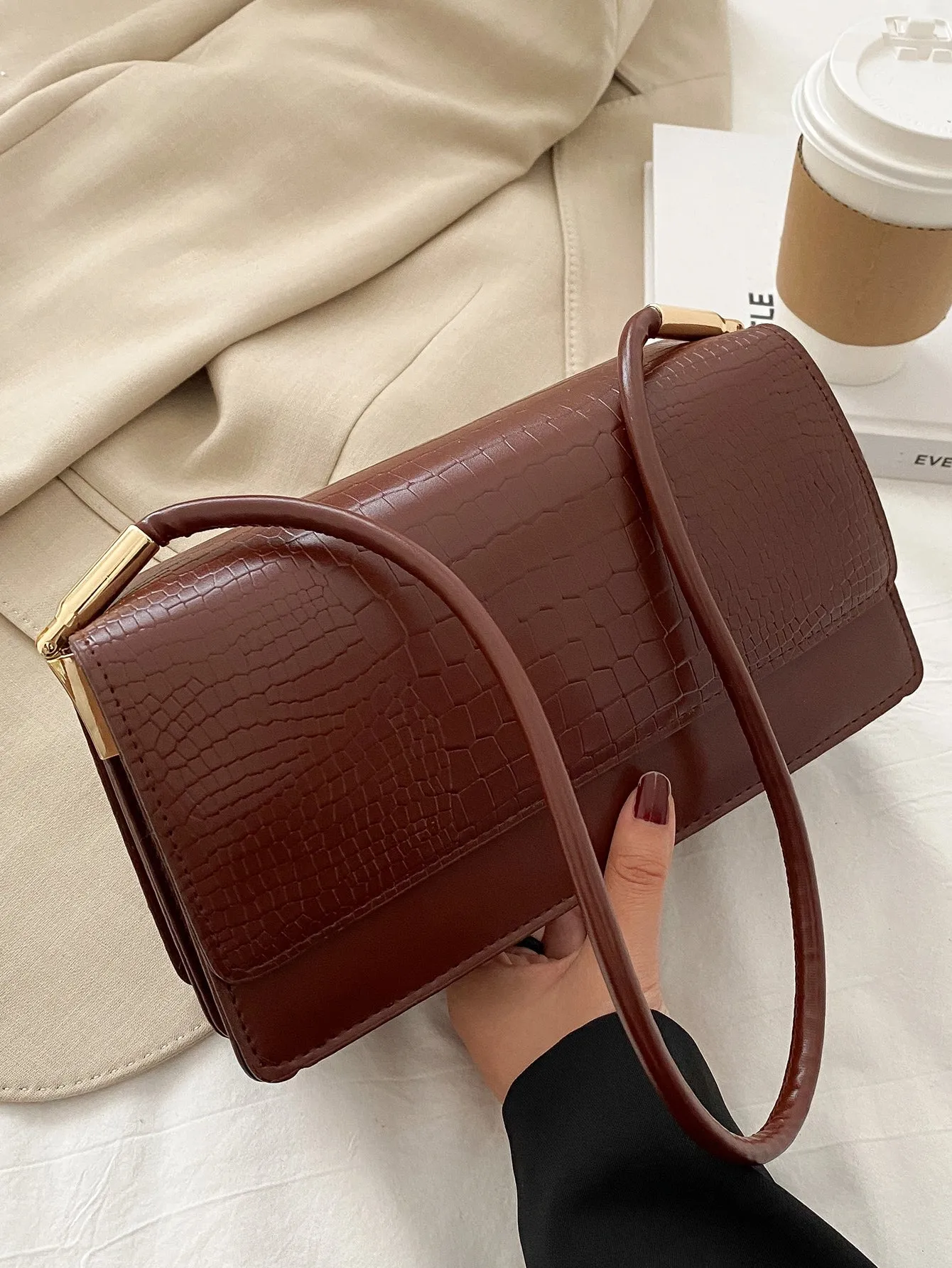 Croc Embossed Flap Baguette Bag - Brown