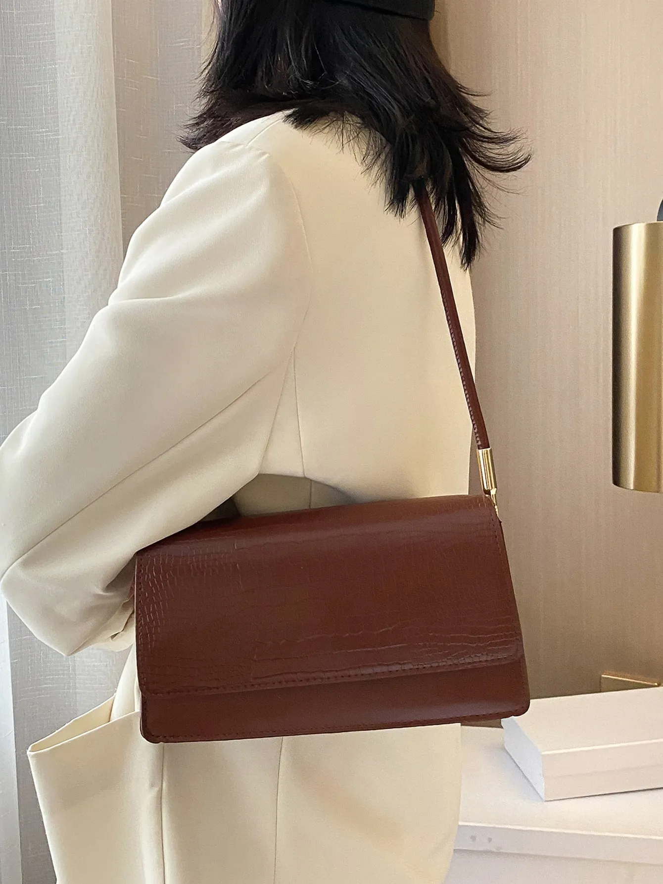 Croc Embossed Flap Baguette Bag - Brown