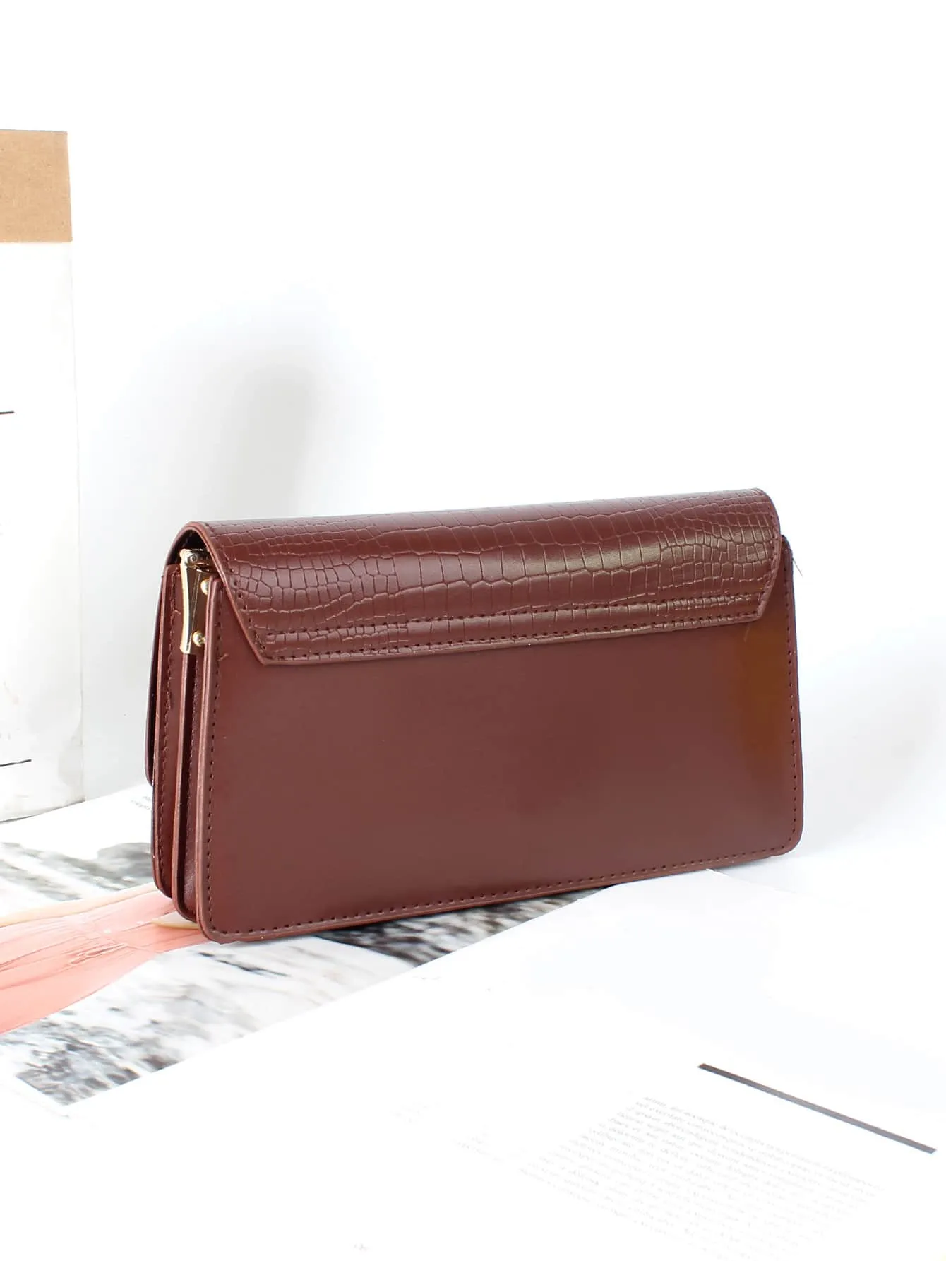 Croc Embossed Flap Baguette Bag - Brown