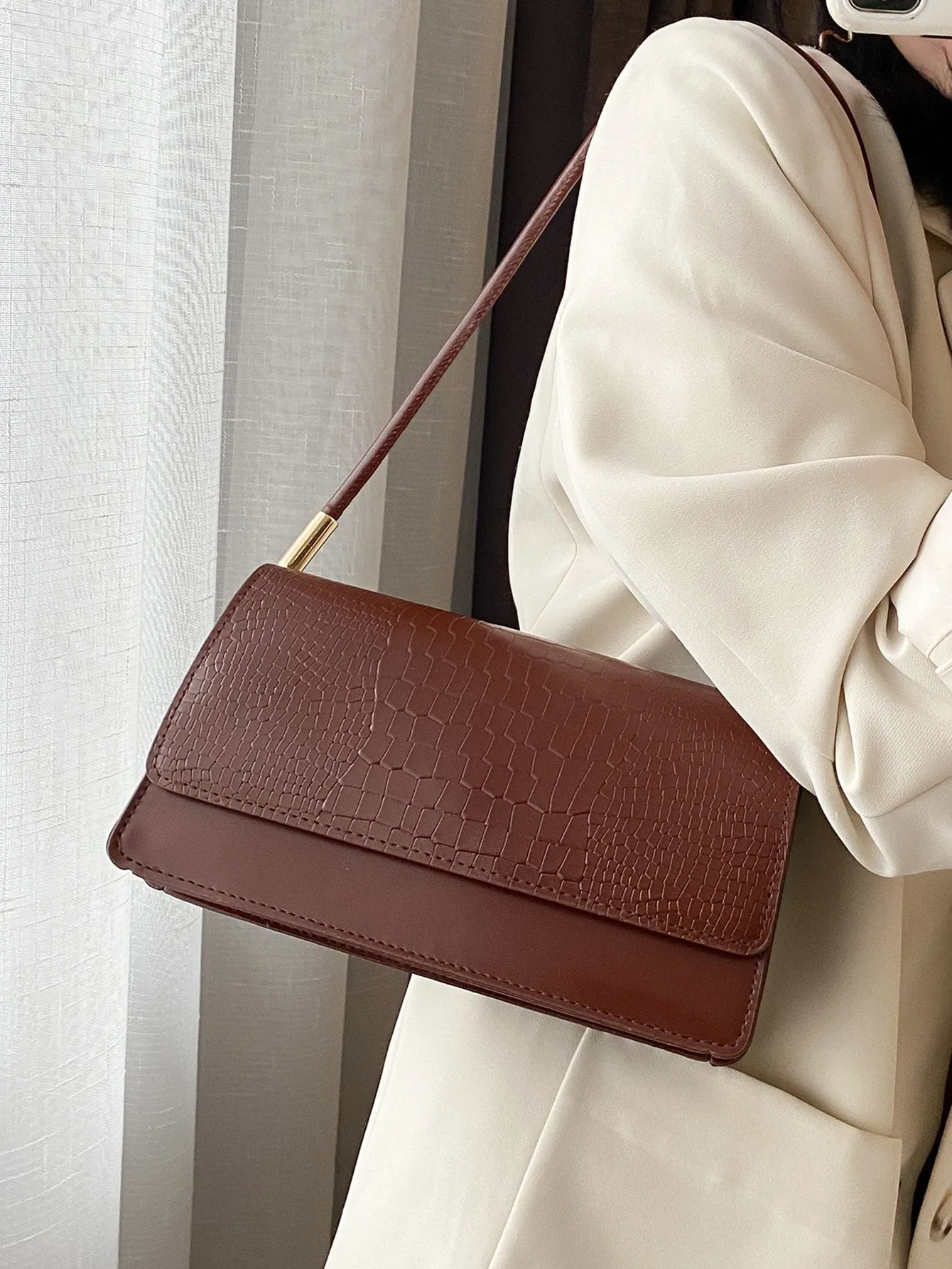 Croc Embossed Flap Baguette Bag - Brown