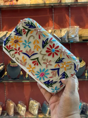 Designer Thread Work Party Clutch in Multicolour
