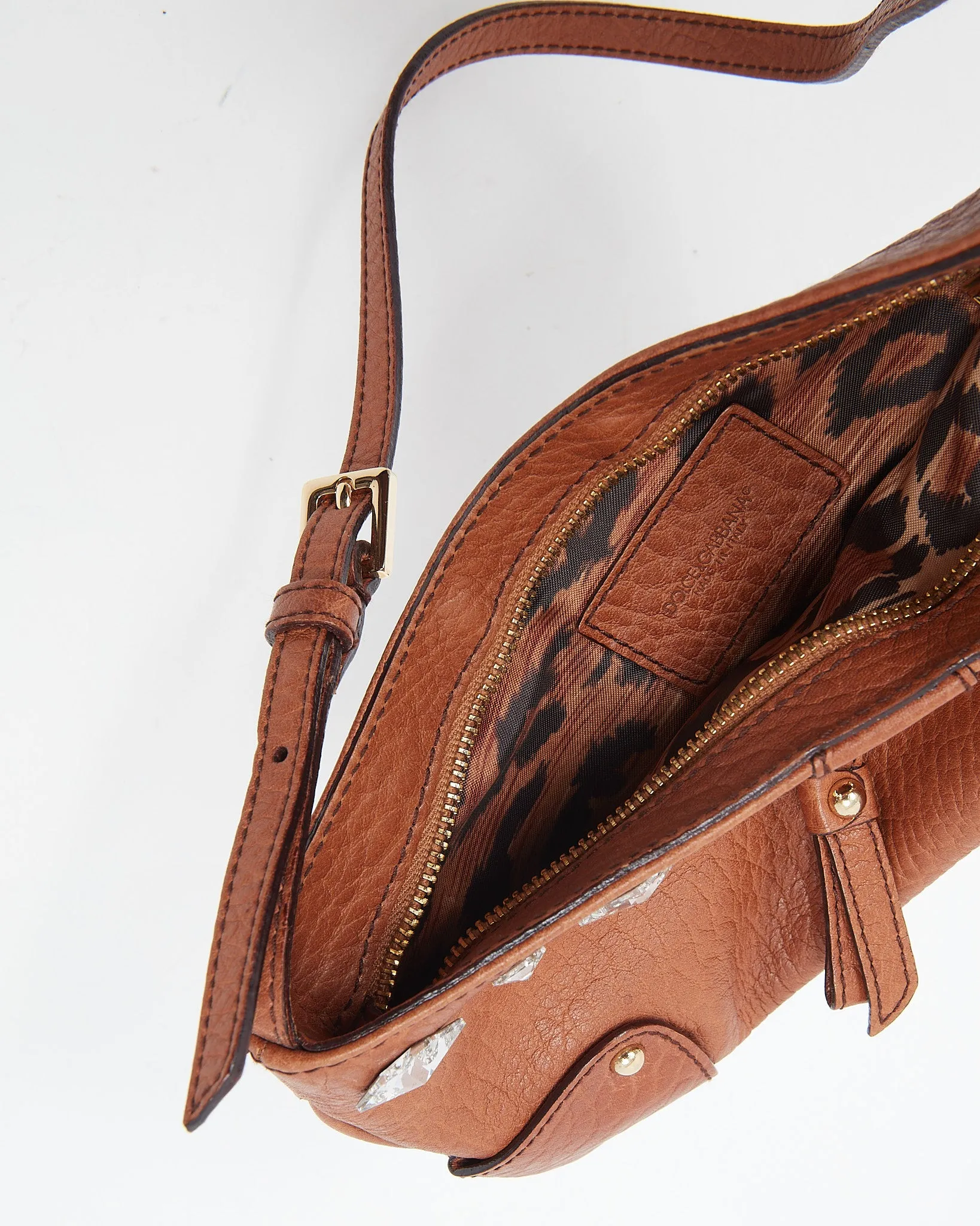 Dolce & Gabbana Brown Leather Mini Jewelled Baguette Shoulder Bag