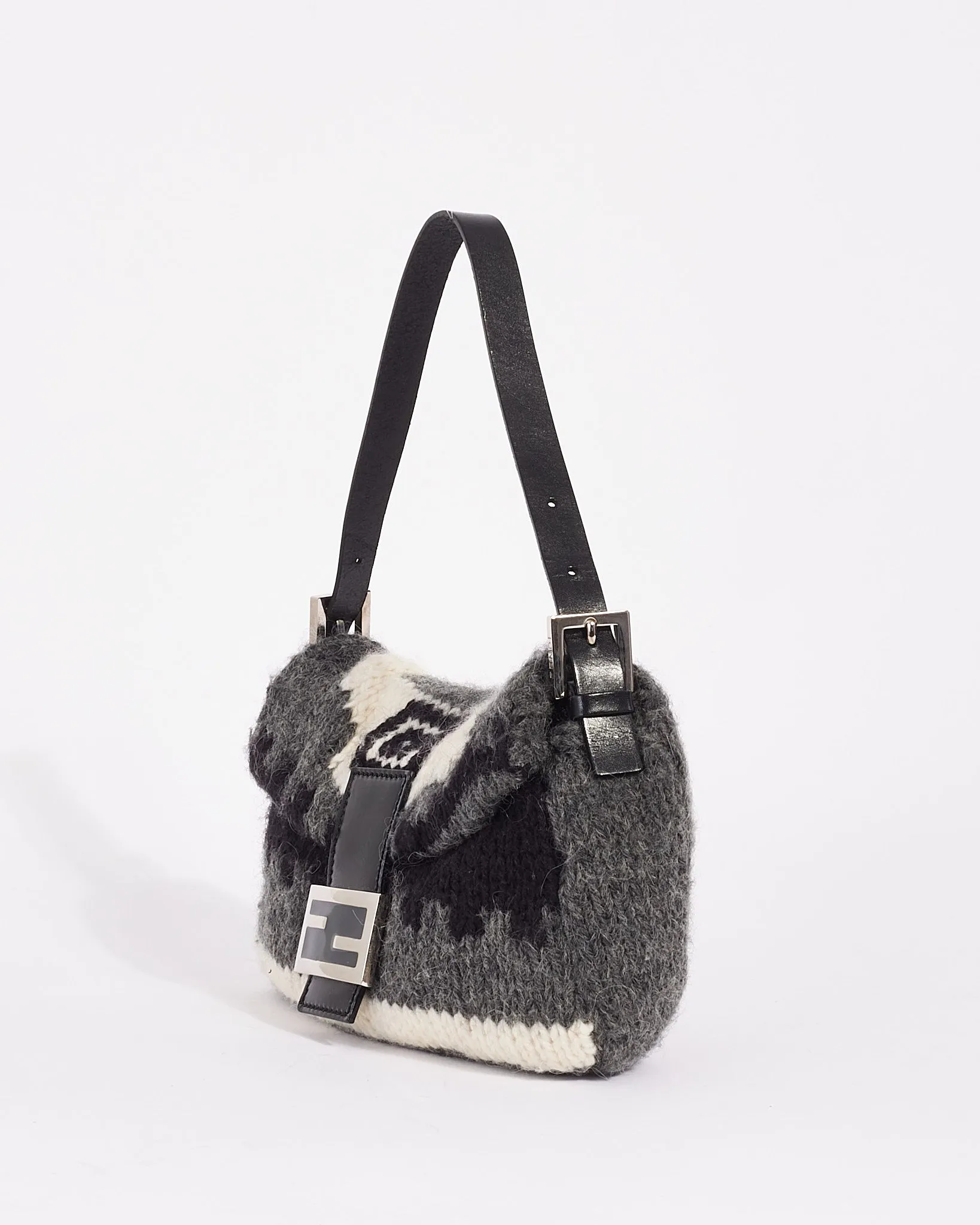 Fendi Grey Wool Knit Small Mamma Baguette Shoulder Bag