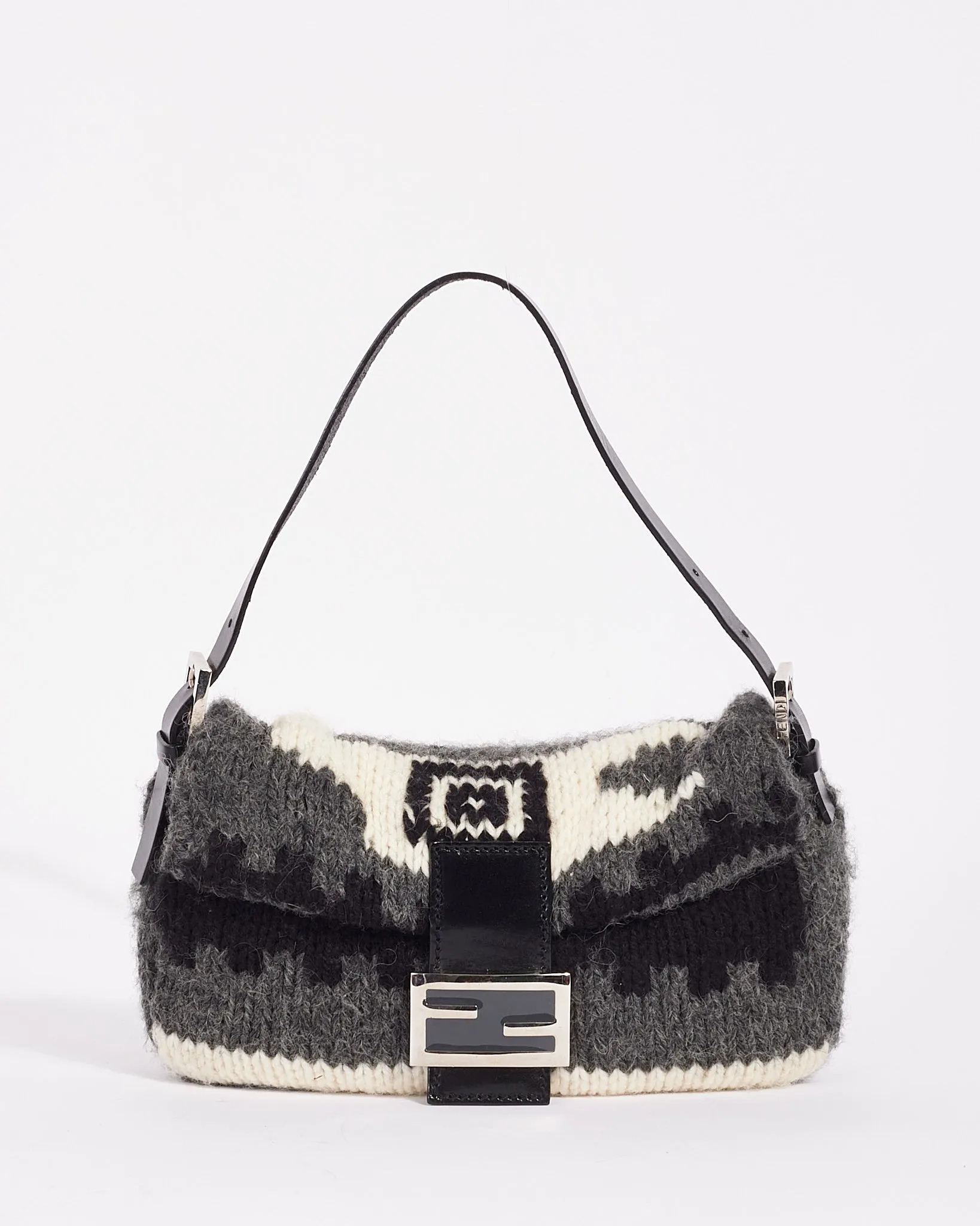 Fendi Grey Wool Knit Small Mamma Baguette Shoulder Bag