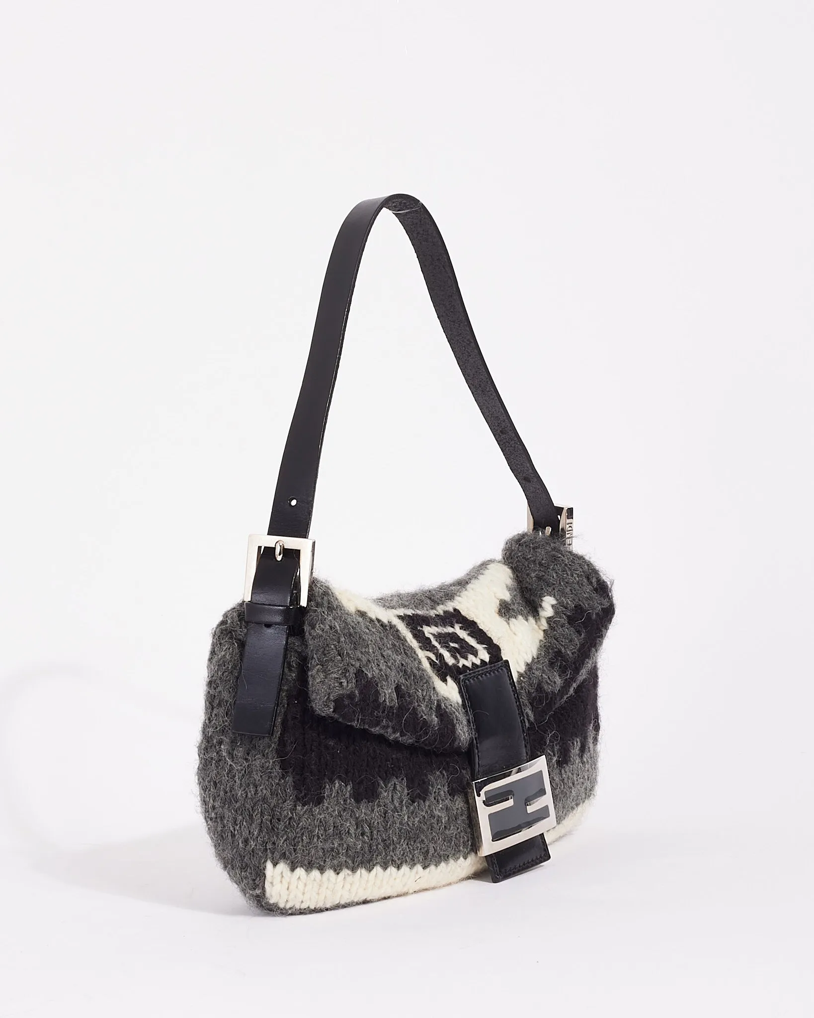 Fendi Grey Wool Knit Small Mamma Baguette Shoulder Bag