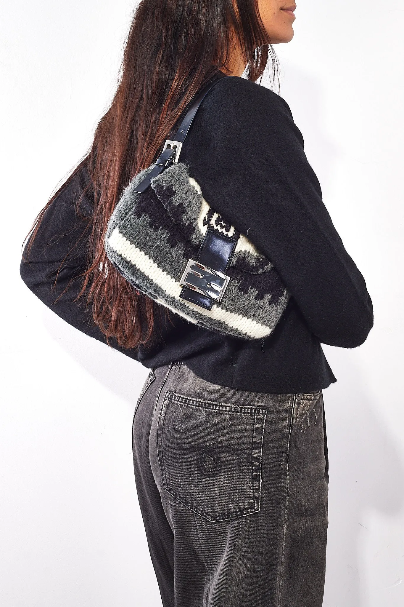 Fendi Grey Wool Knit Small Mamma Baguette Shoulder Bag