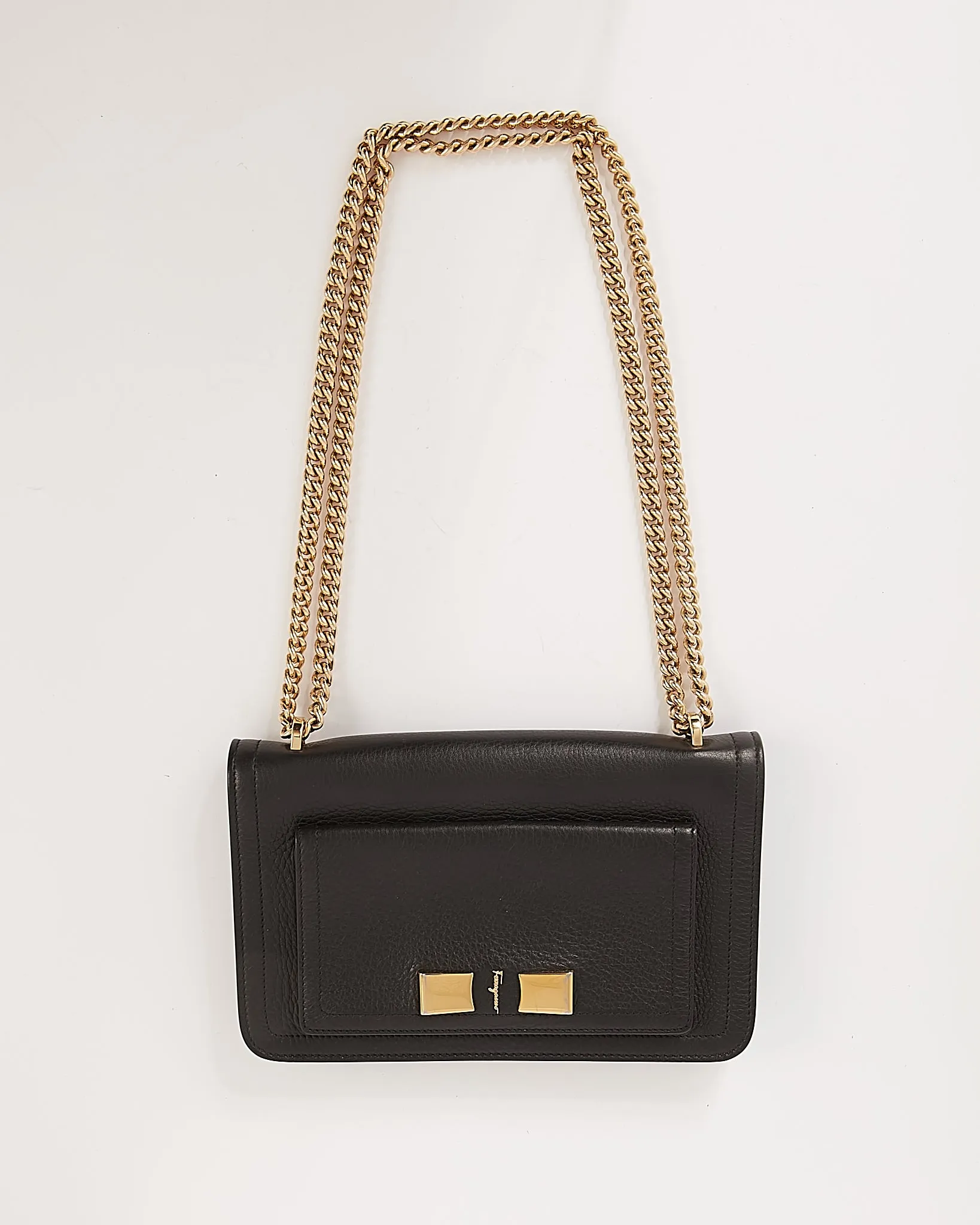 Ferragamo Black Leather Flap Shoulder Chain Bag