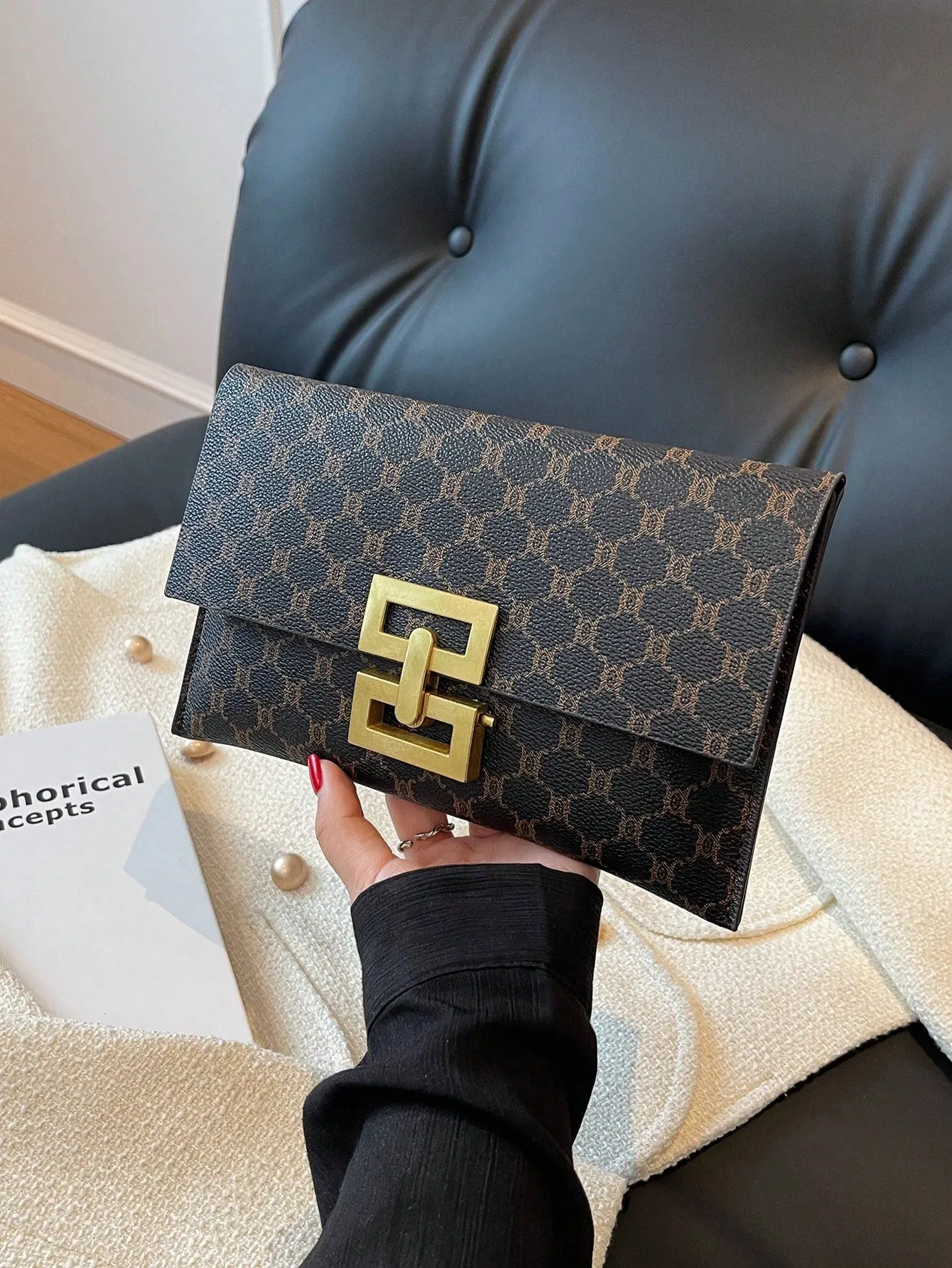 Flap Buckle Geometric Pattern Clutch