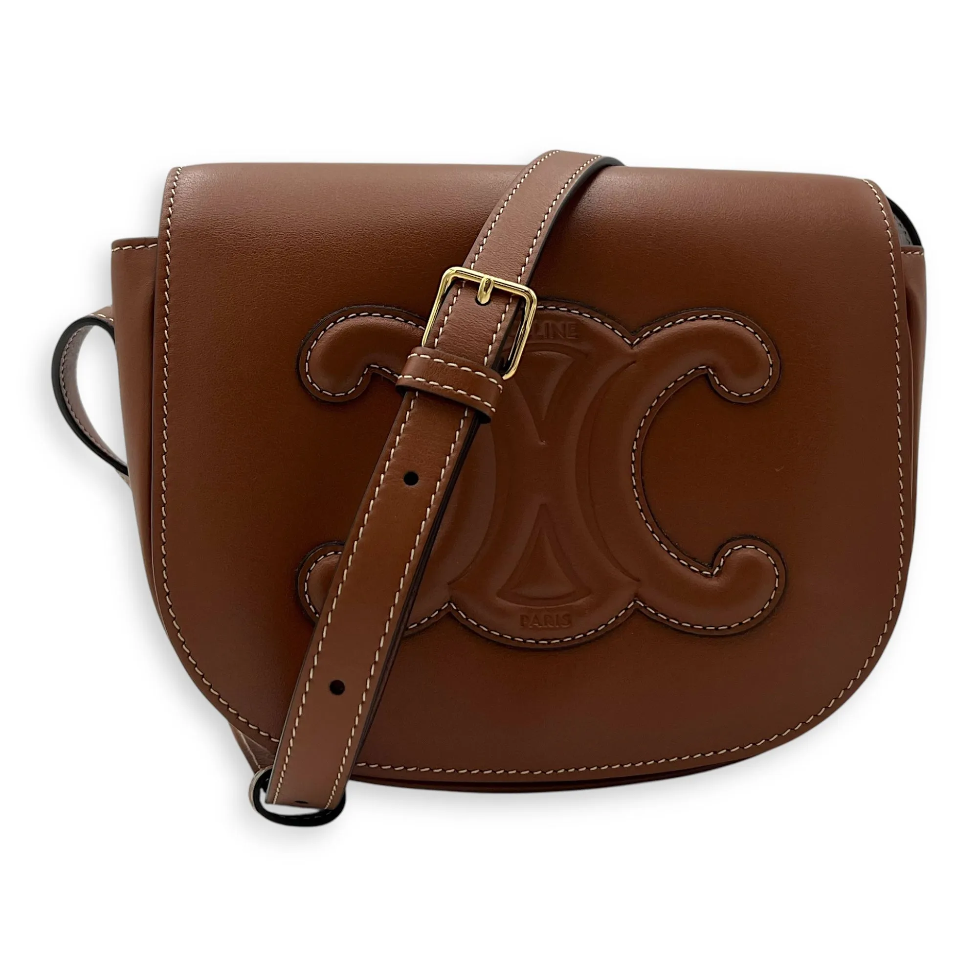 Folco Crossbody Bag Brown in Calfskin, Gold hardware