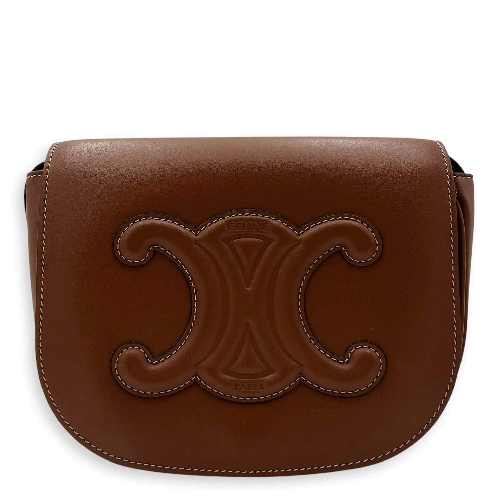 Folco Crossbody Bag Brown in Calfskin, Gold hardware