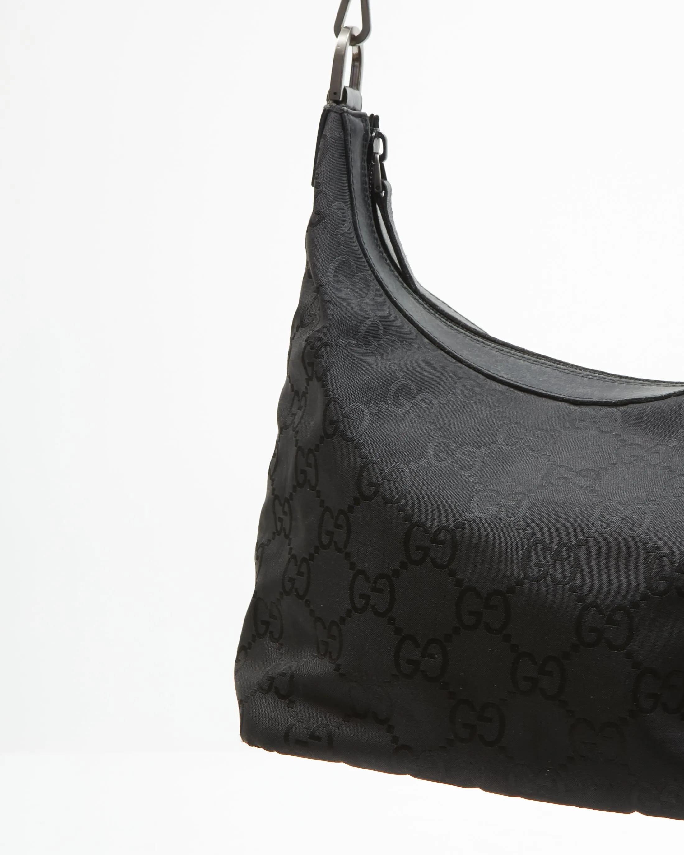 Gucci Black GG Monogram Nylon Bamboo Handle Hobo Shoulder Bag