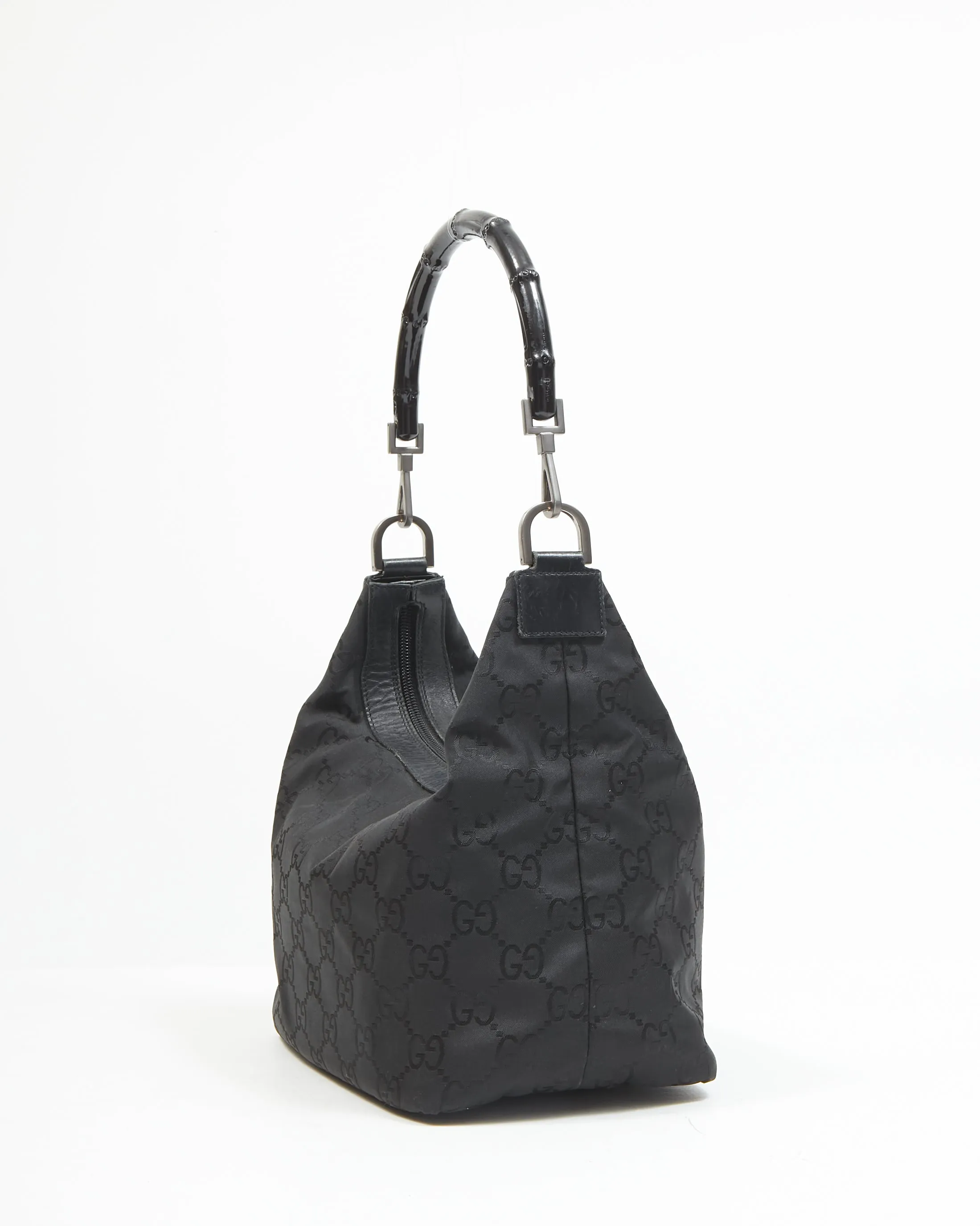 Gucci Black GG Monogram Nylon Bamboo Handle Hobo Shoulder Bag