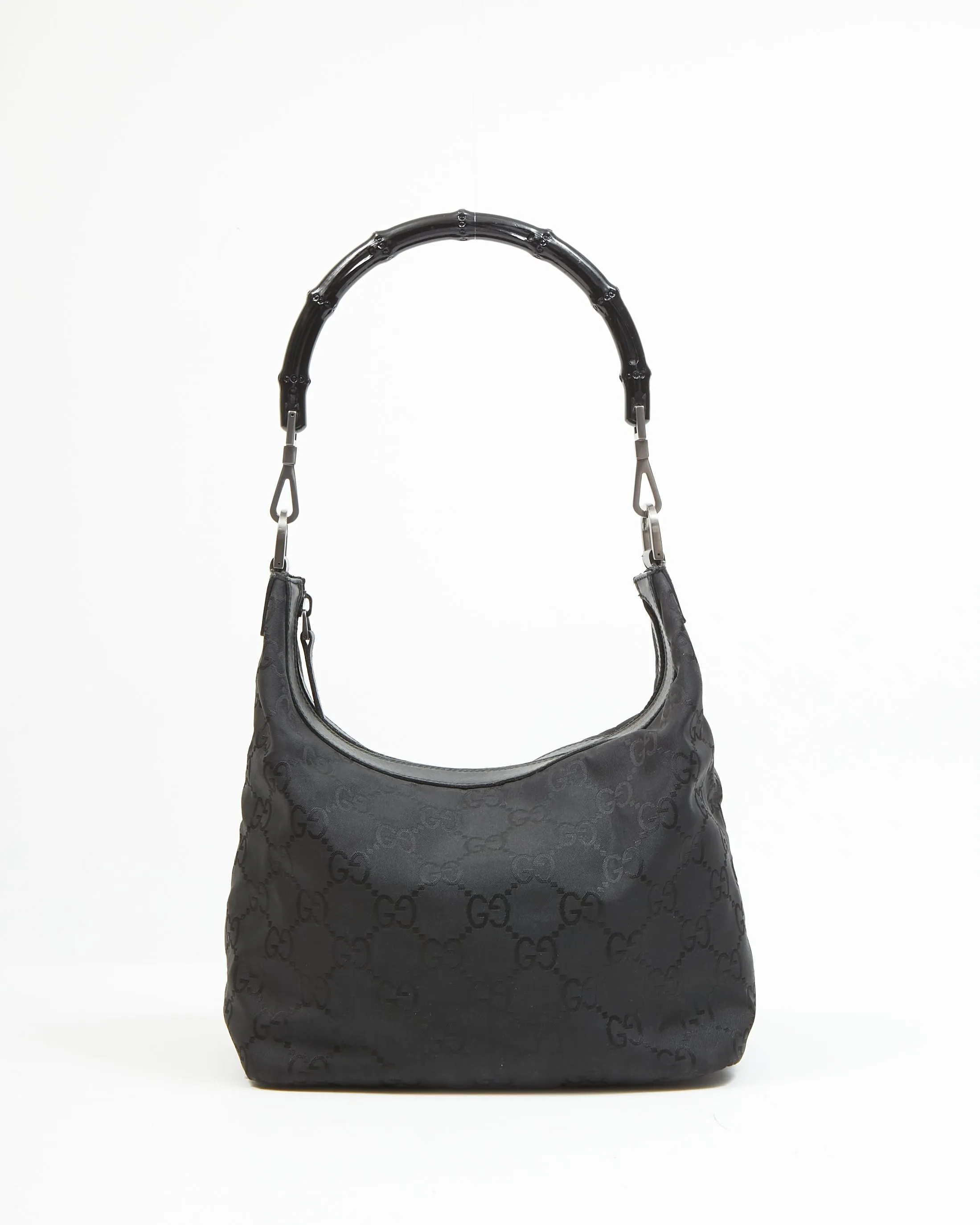 Gucci Black GG Monogram Nylon Bamboo Handle Hobo Shoulder Bag