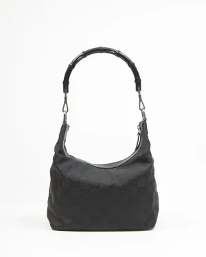 Gucci Black GG Monogram Nylon Bamboo Handle Hobo Shoulder Bag