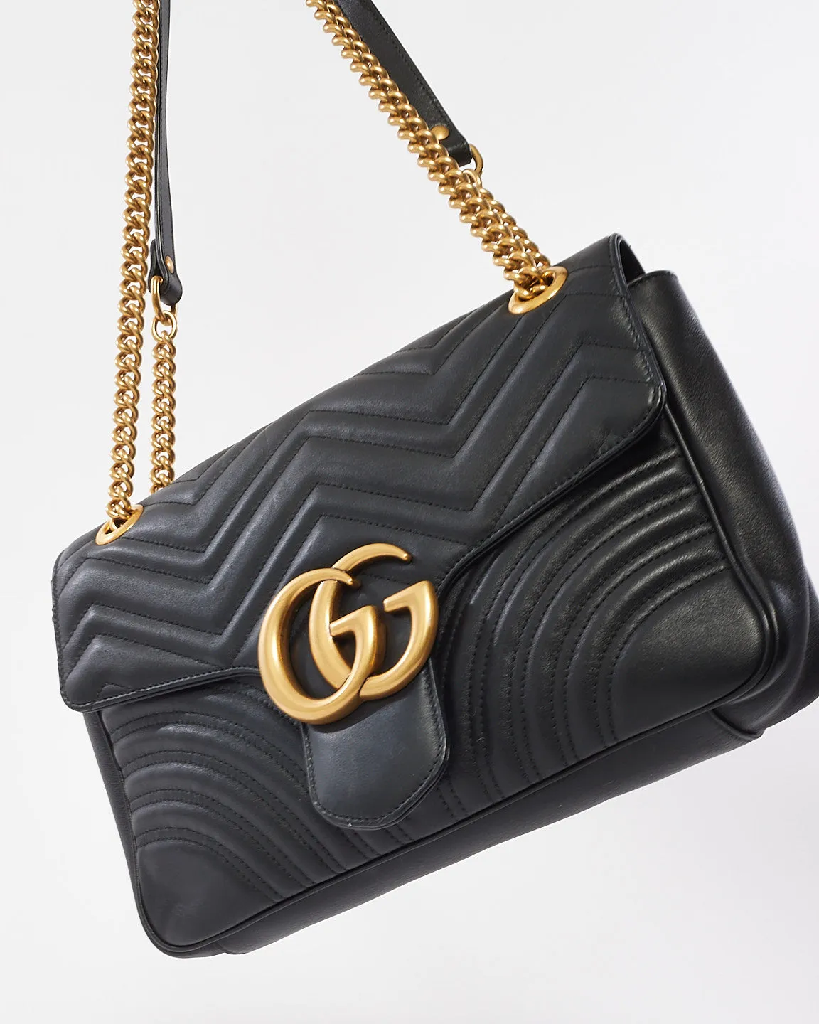 Gucci Black Leather Marmont Medium Flap Shoulder Bag