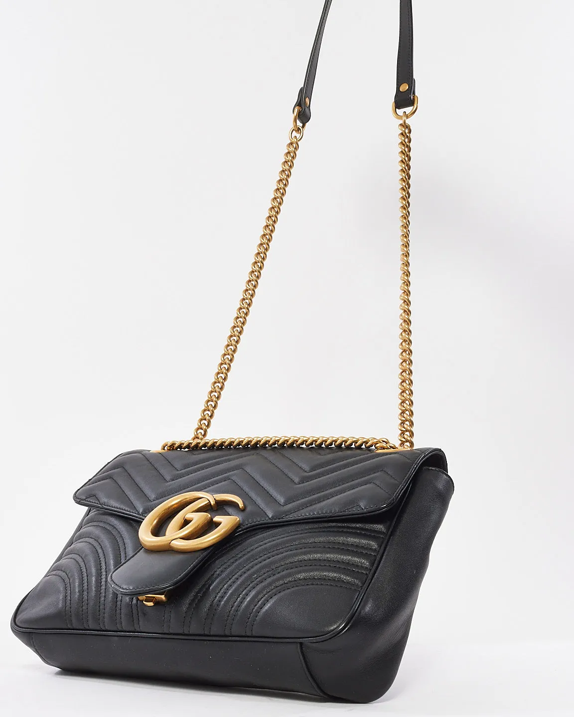 Gucci Black Leather Marmont Medium Flap Shoulder Bag