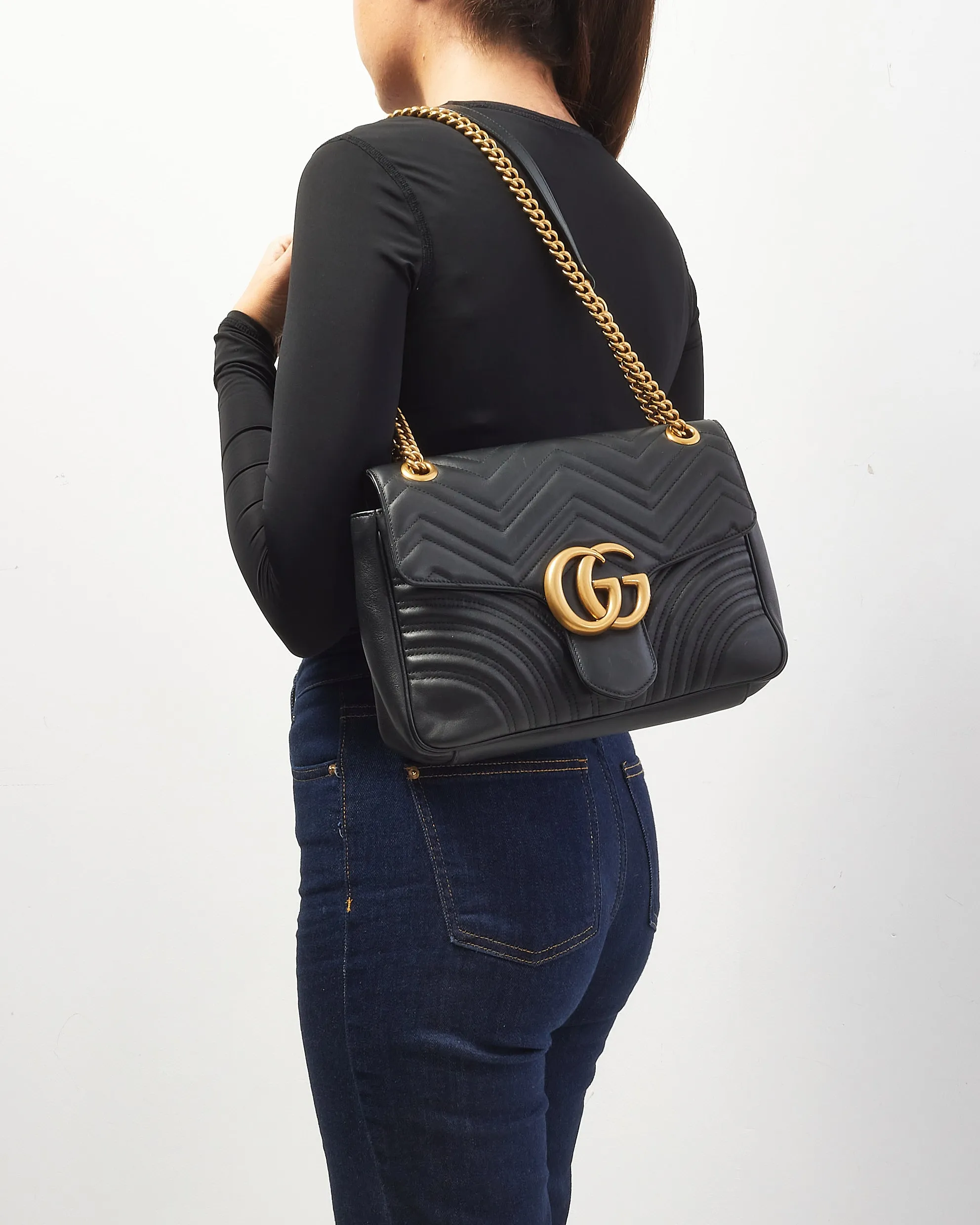 Gucci Black Leather Marmont Medium Flap Shoulder Bag