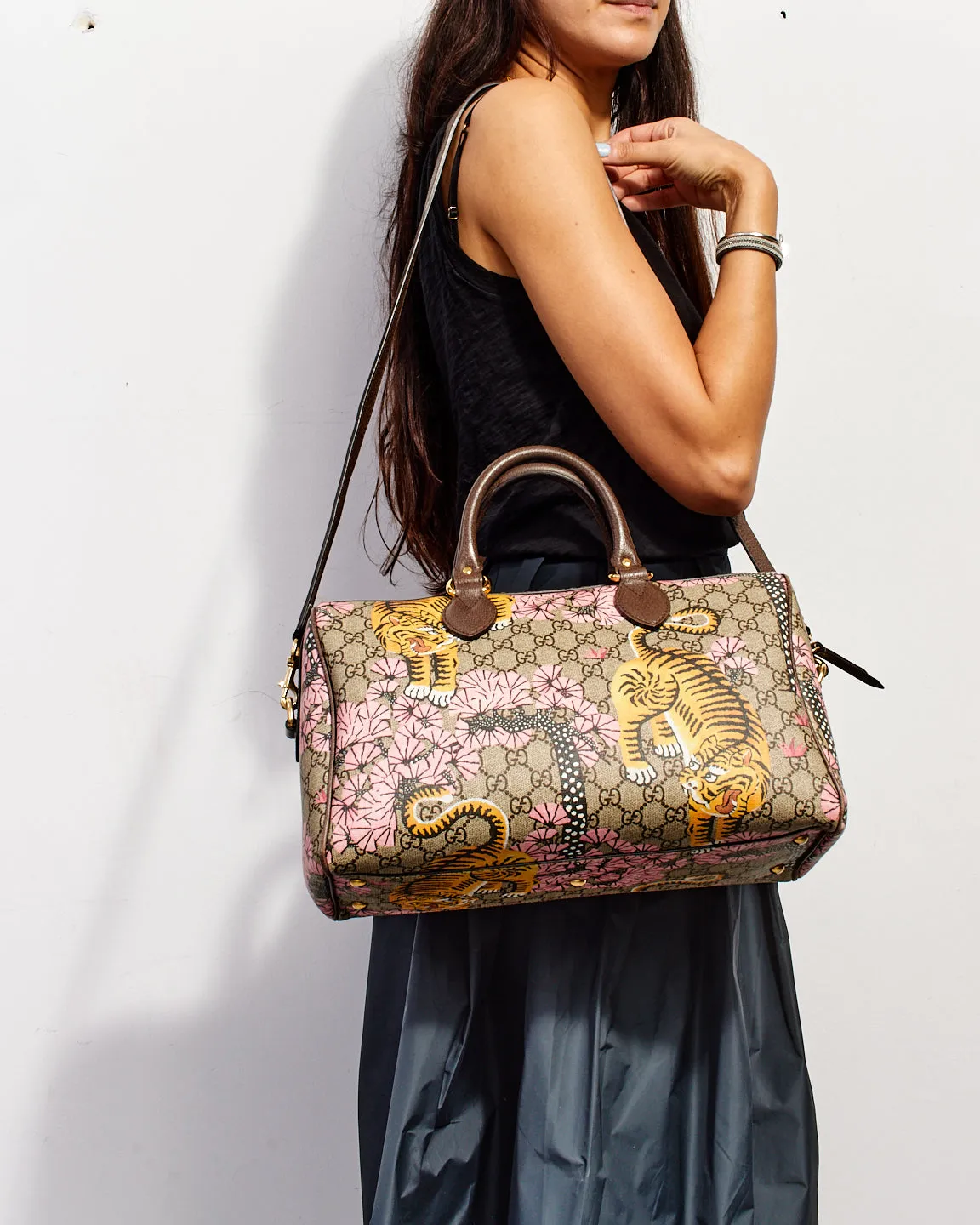 Gucci Brown Canvas GG Supreme Bengal Boston Bag with Strap