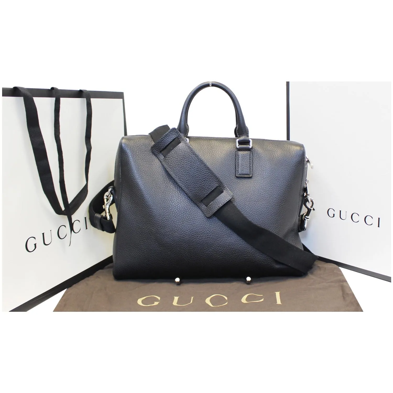 GUCCI Leather Business Briefcase Bag Black 387074