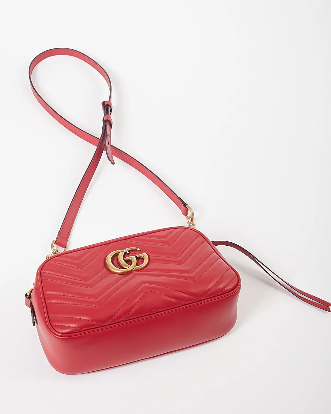 Gucci Red Leather Chevron Matelasse GG Marmont Small Camera Bag