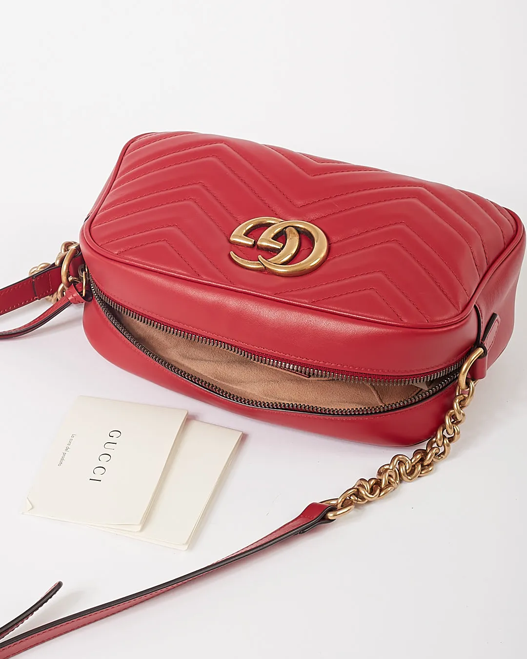 Gucci Red Leather Chevron Matelasse GG Marmont Small Camera Bag