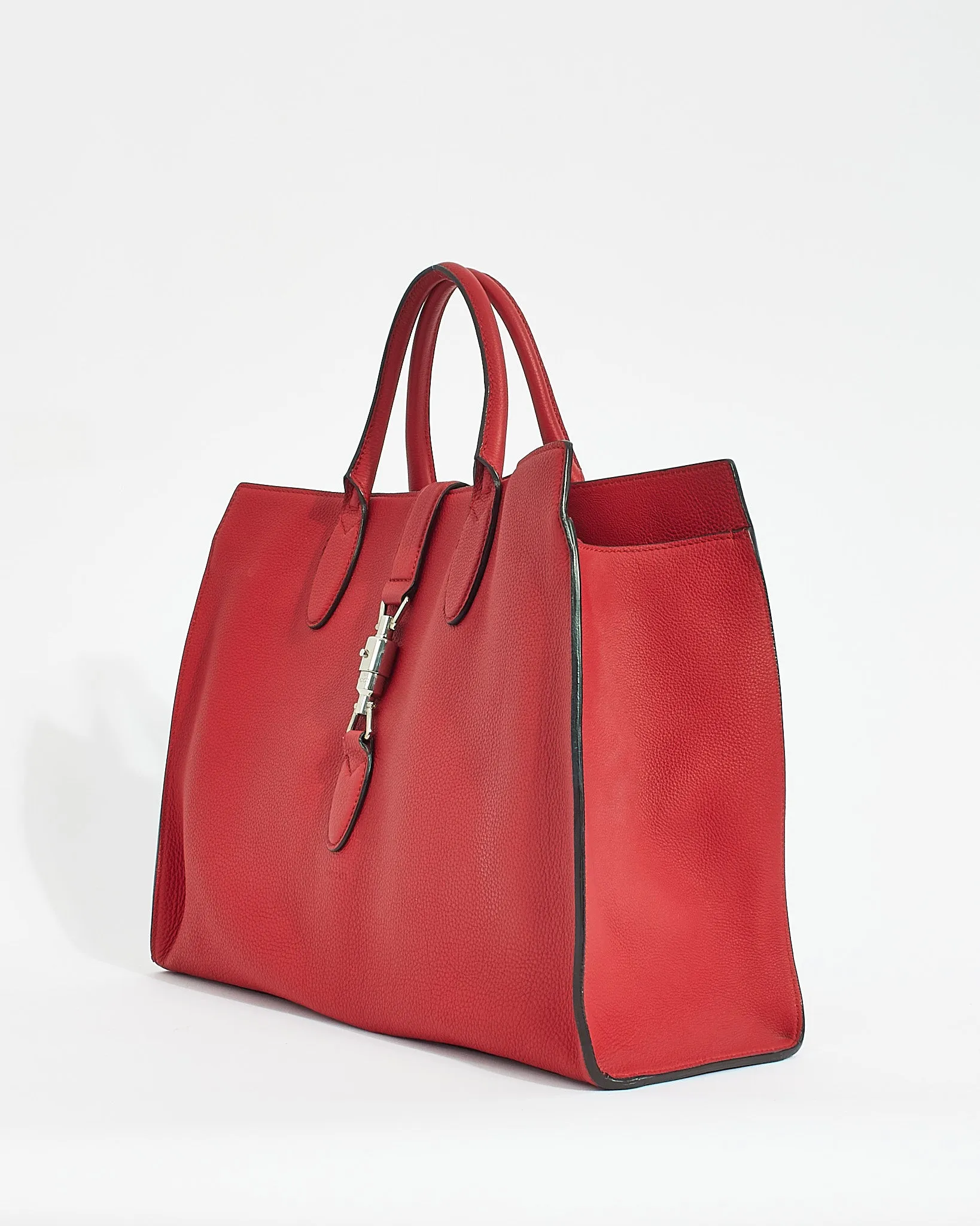 Gucci Red Pebbled Leather Jackie Large Top Handle Tote Bag