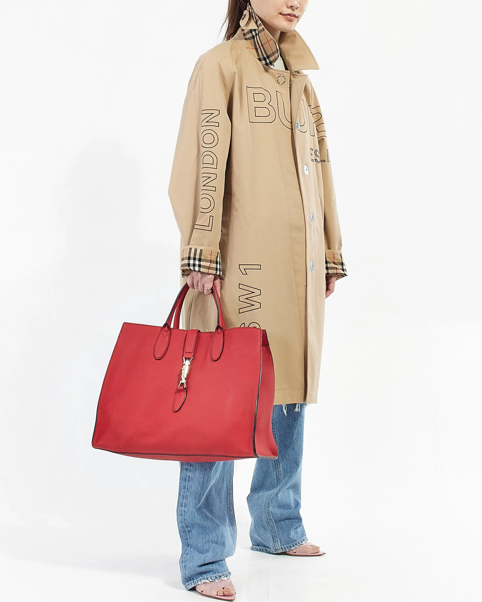 Gucci Red Pebbled Leather Jackie Large Top Handle Tote Bag