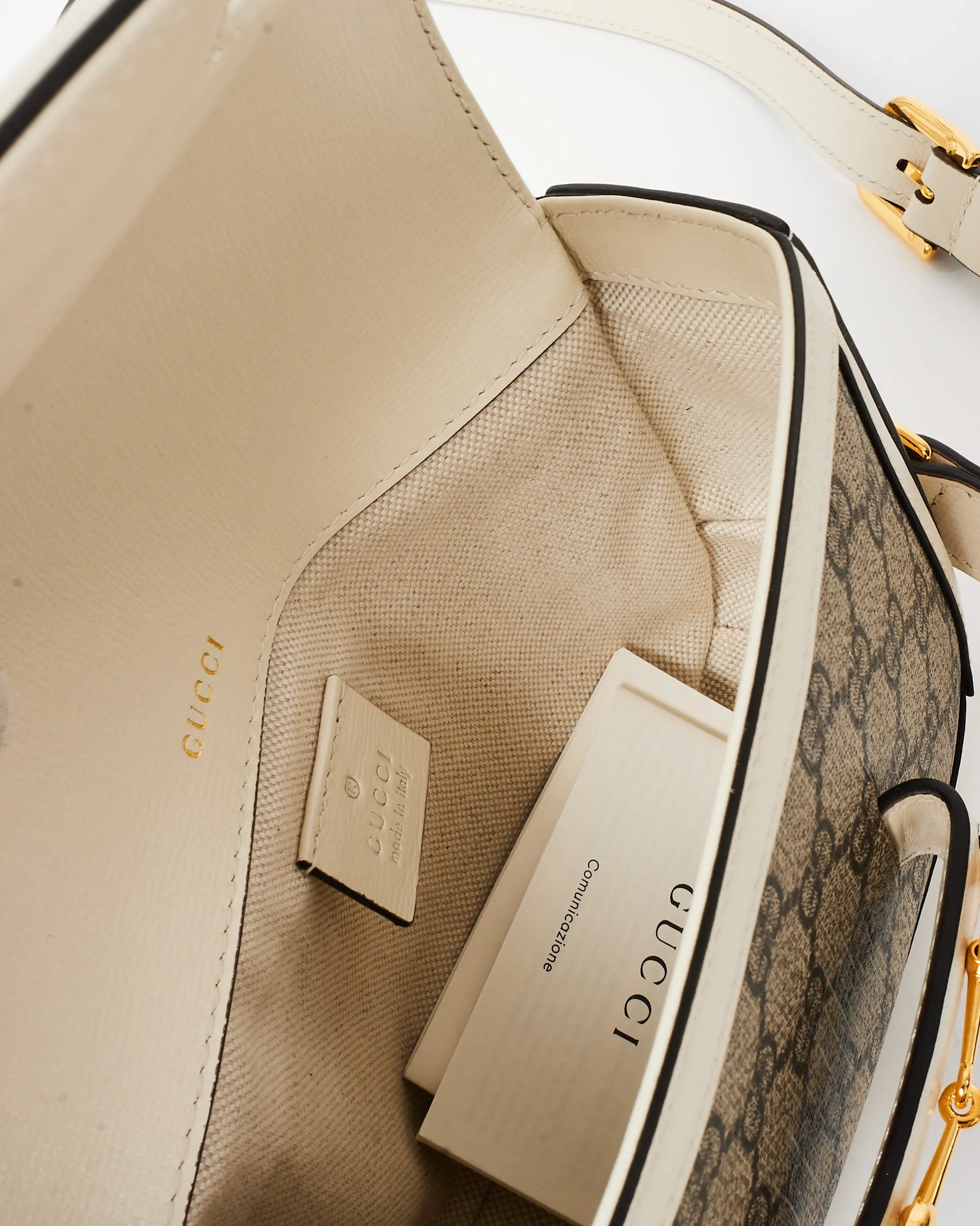 Gucci White Leather Beige Monogram GG Coated Canvas Mini 1955 Crossbody Bag