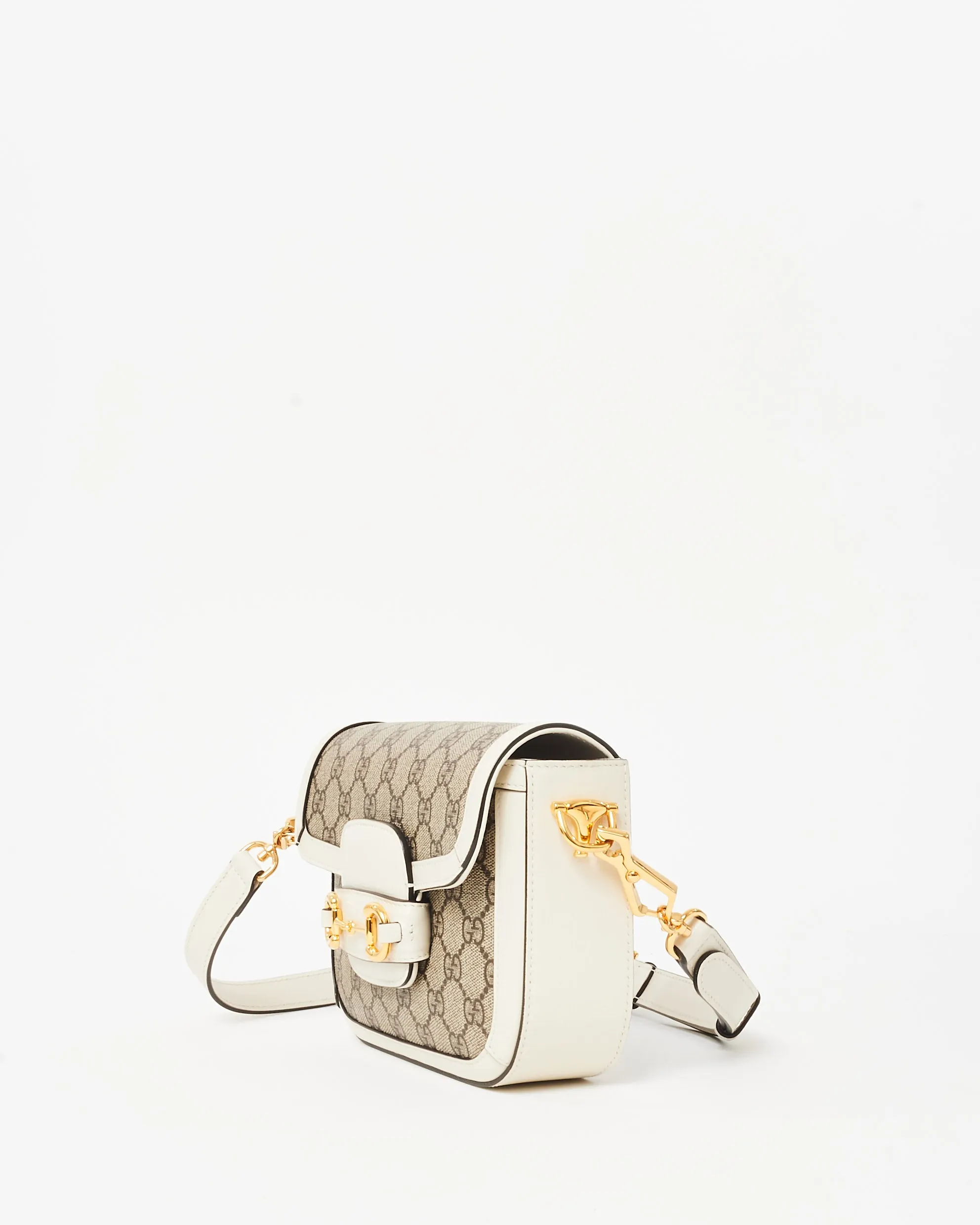 Gucci White Leather Beige Monogram GG Coated Canvas Mini 1955 Crossbody Bag