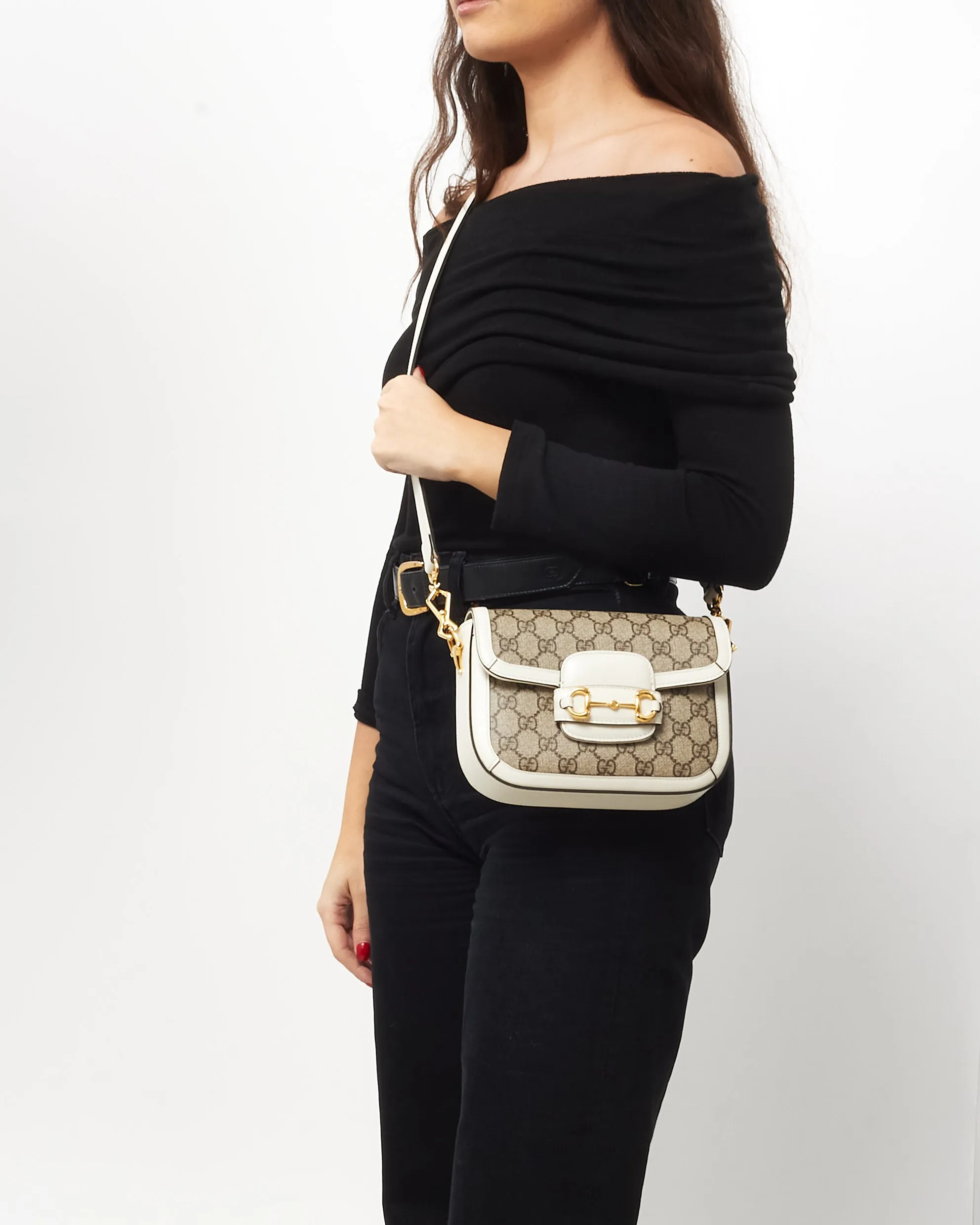 Gucci White Leather Beige Monogram GG Coated Canvas Mini 1955 Crossbody Bag