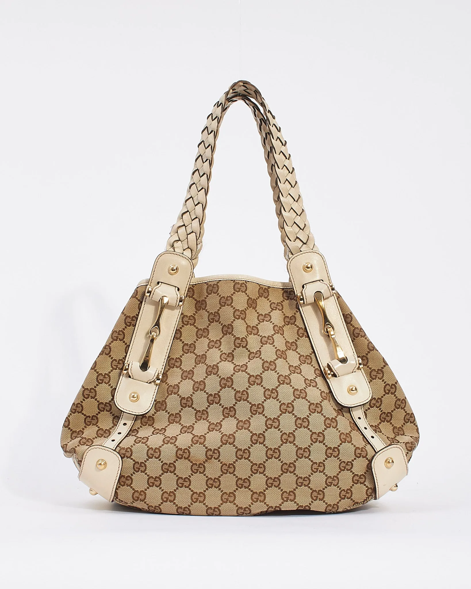Gucci White Leather GG Monogram Canvas Small Pelham Tote Bag