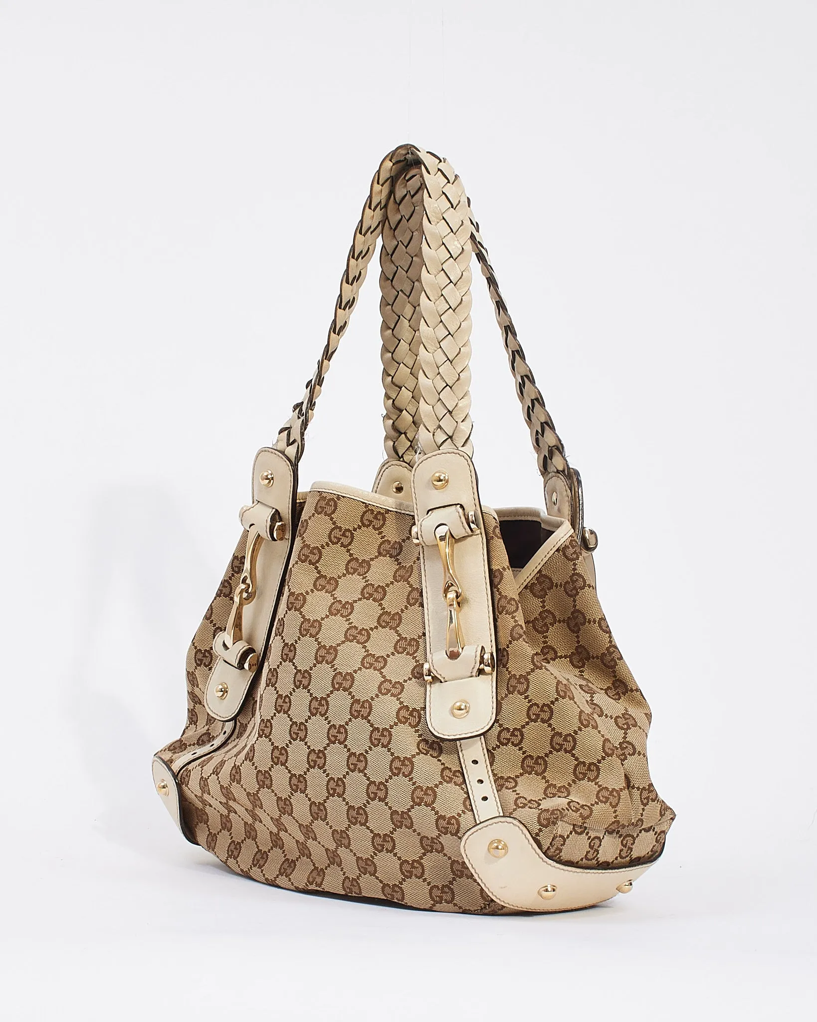 Gucci White Leather GG Monogram Canvas Small Pelham Tote Bag