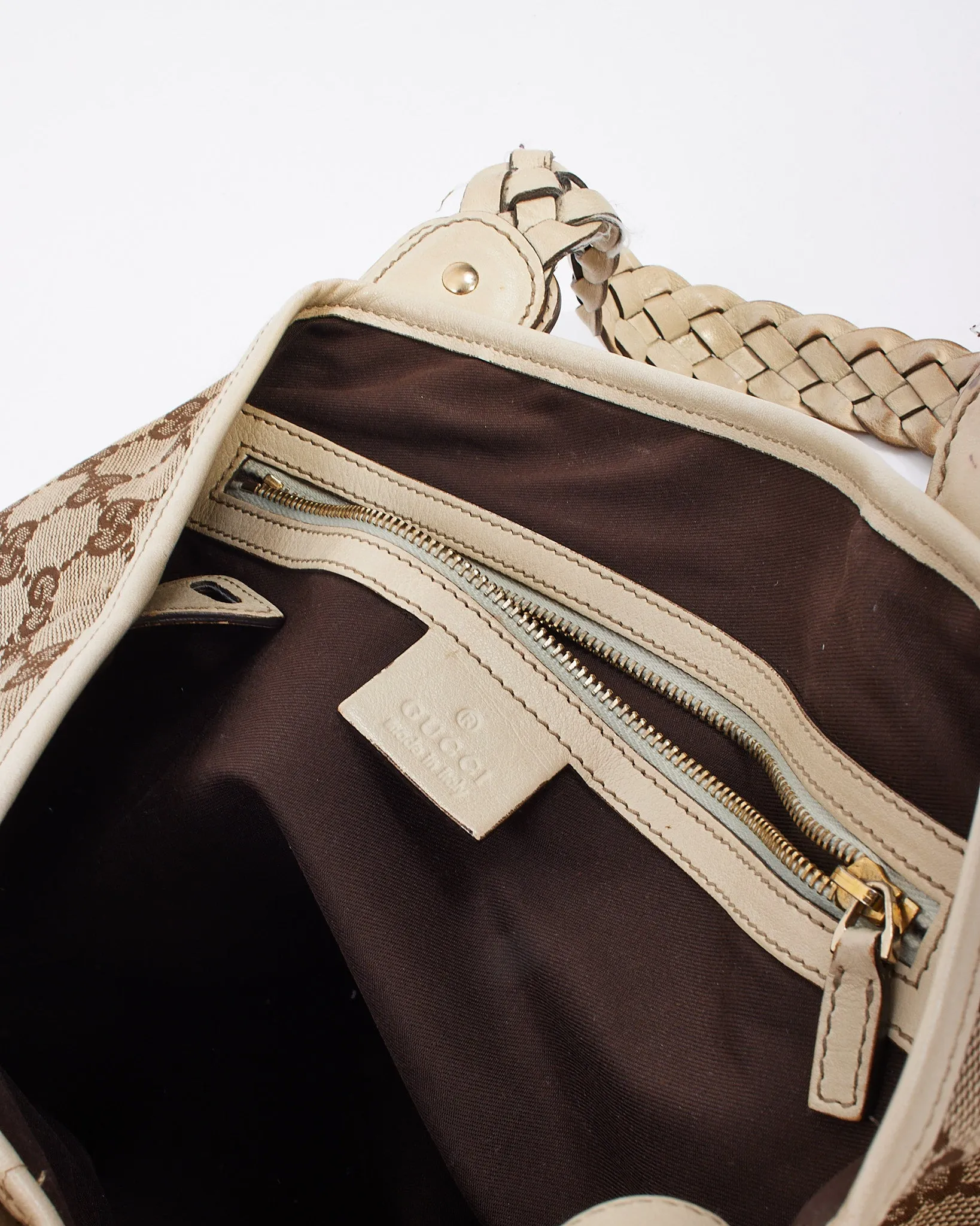 Gucci White Leather GG Monogram Canvas Small Pelham Tote Bag