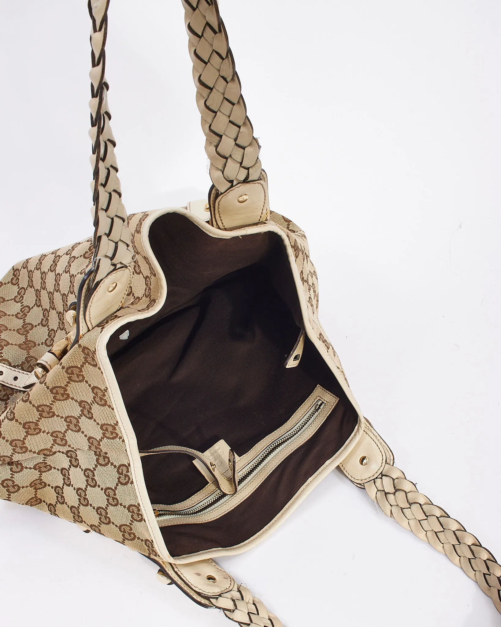 Gucci White Leather GG Monogram Canvas Small Pelham Tote Bag