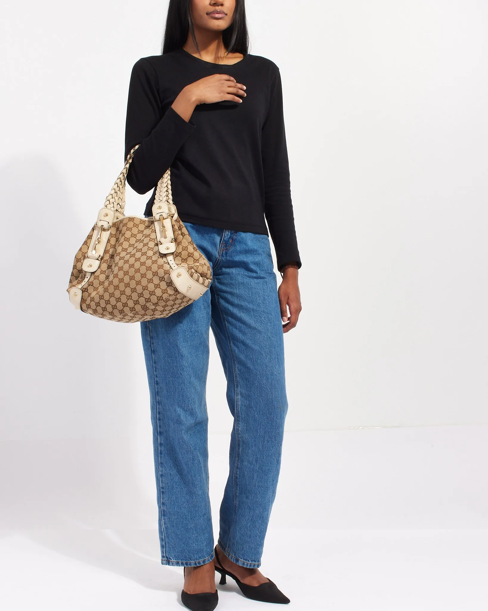 Gucci White Leather GG Monogram Canvas Small Pelham Tote Bag