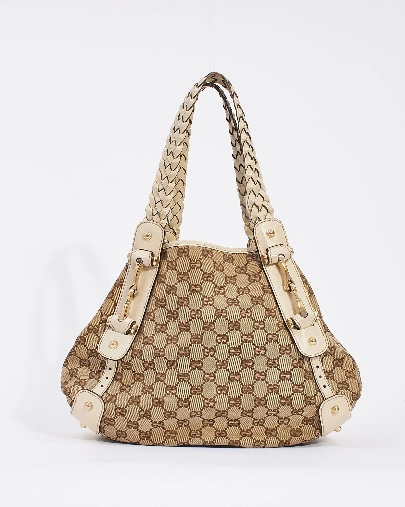 Gucci White Leather GG Monogram Canvas Small Pelham Tote Bag
