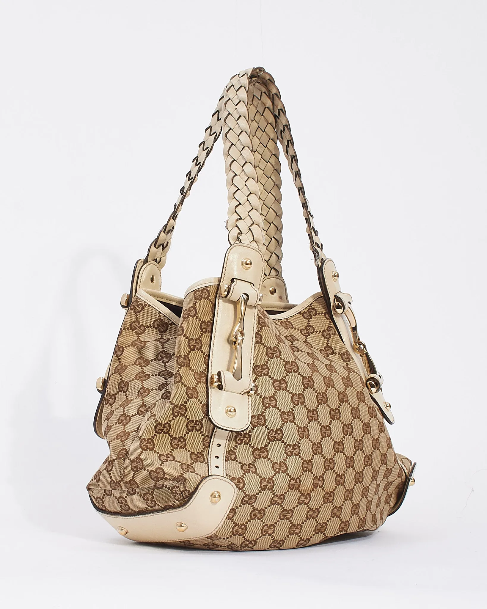 Gucci White Leather GG Monogram Canvas Small Pelham Tote Bag