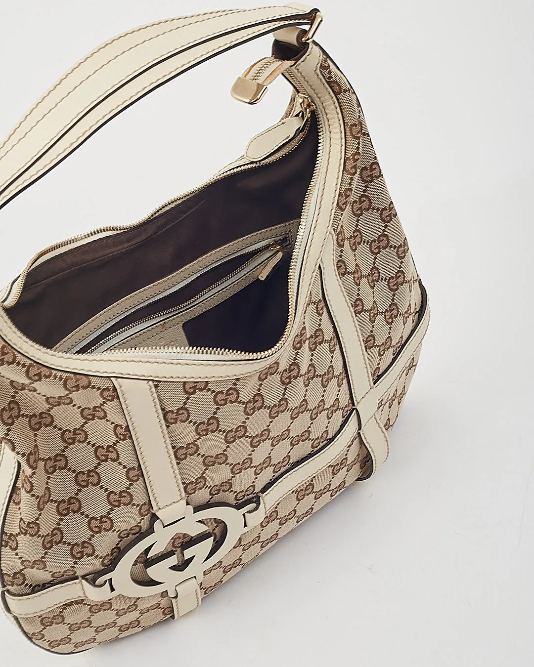 Gucci White Trim GG Print Canvas Shoulder Bag