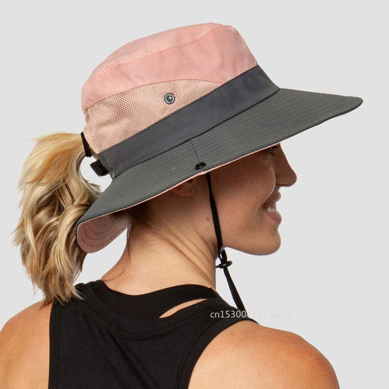 Ladies Ponytail Summer Wide Brim UV Protection Hat
