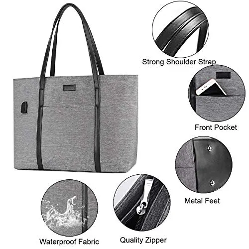 Laptop Tote Purse Large, Business Women Work Bag Professional Computer Purse Teacher Tote Bag with Zipper and Pockets Fits 15.6 Inch Laptop Gray
